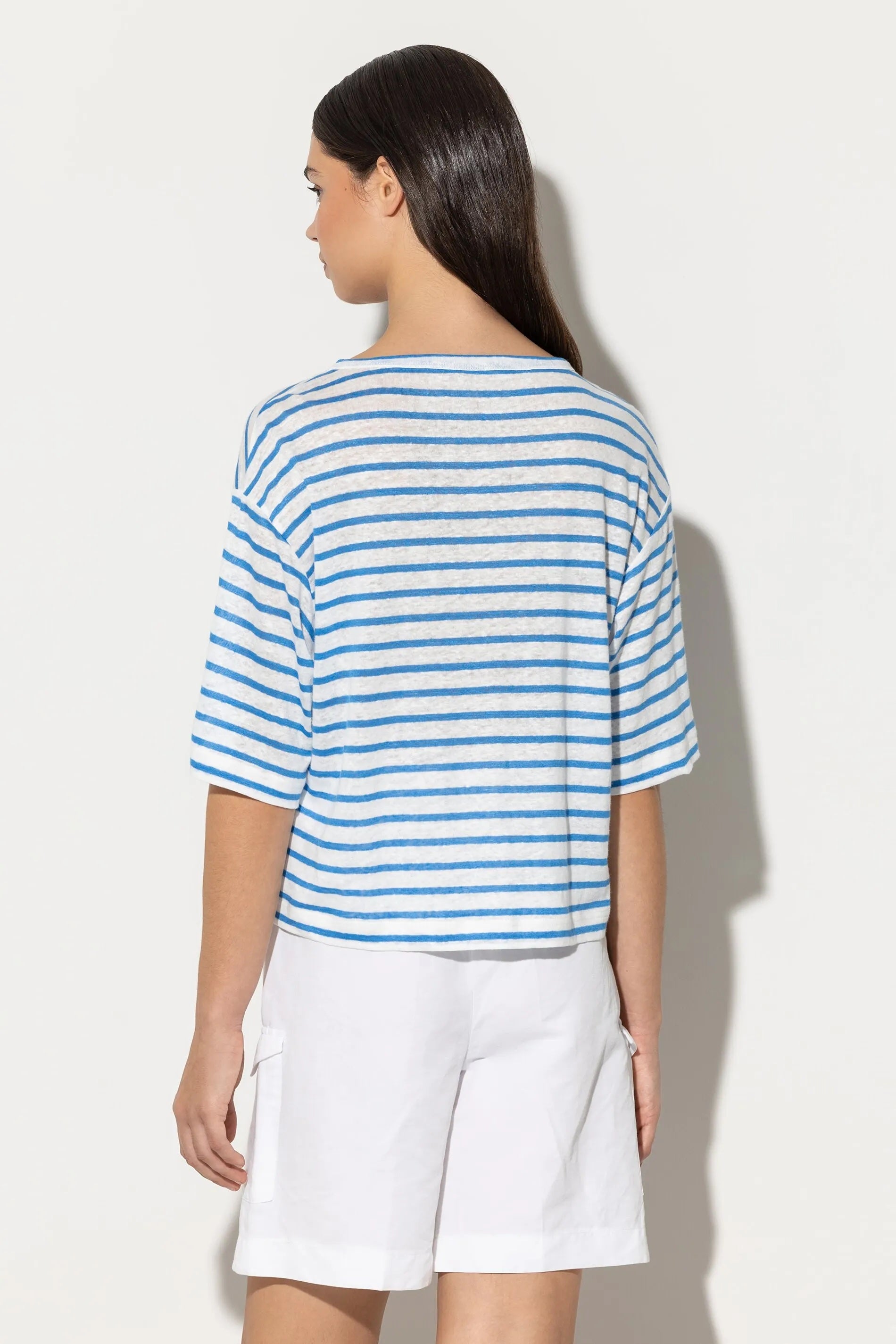 White & Azur Striped Linen T-Shirt