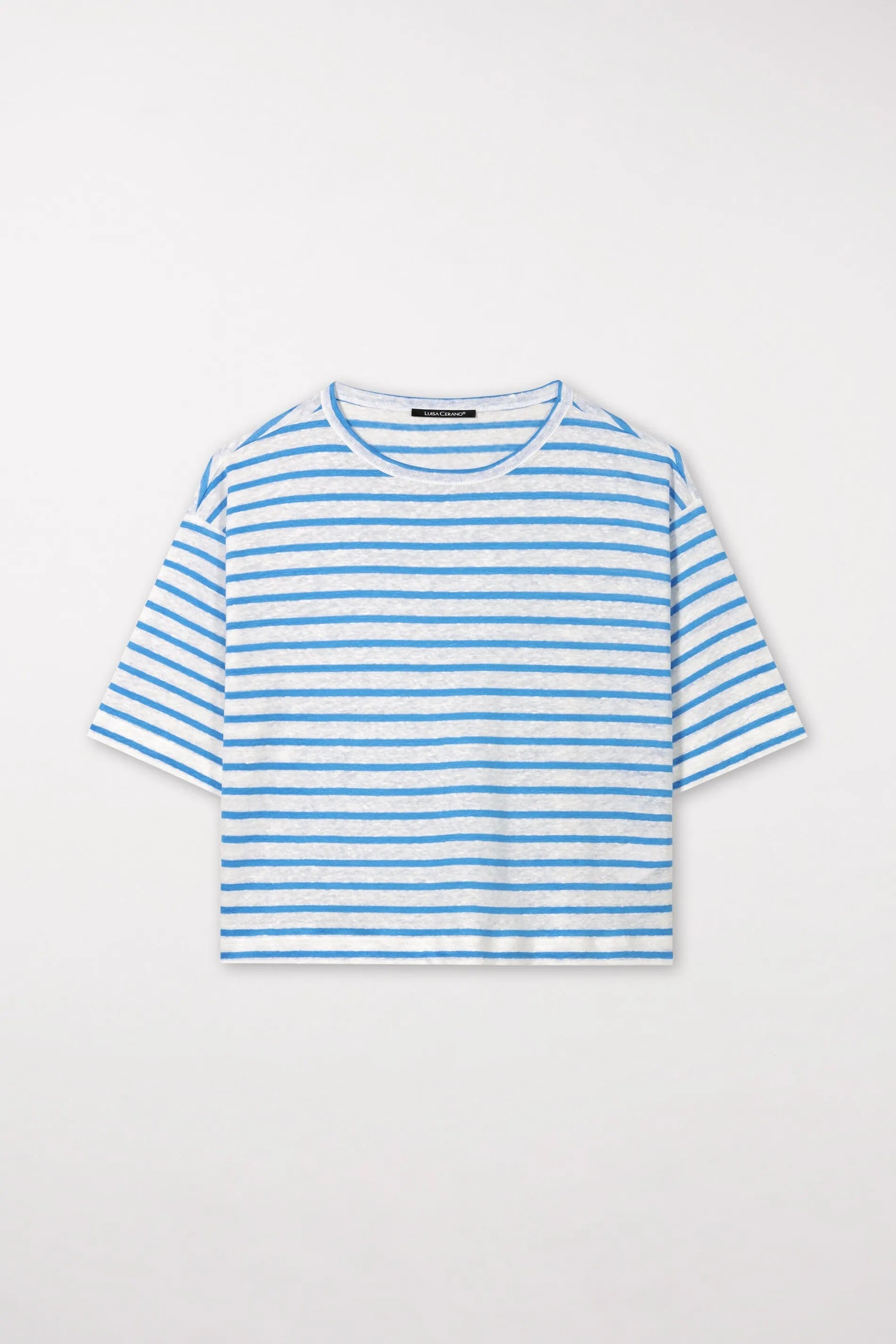 White & Azur Striped Linen T-Shirt