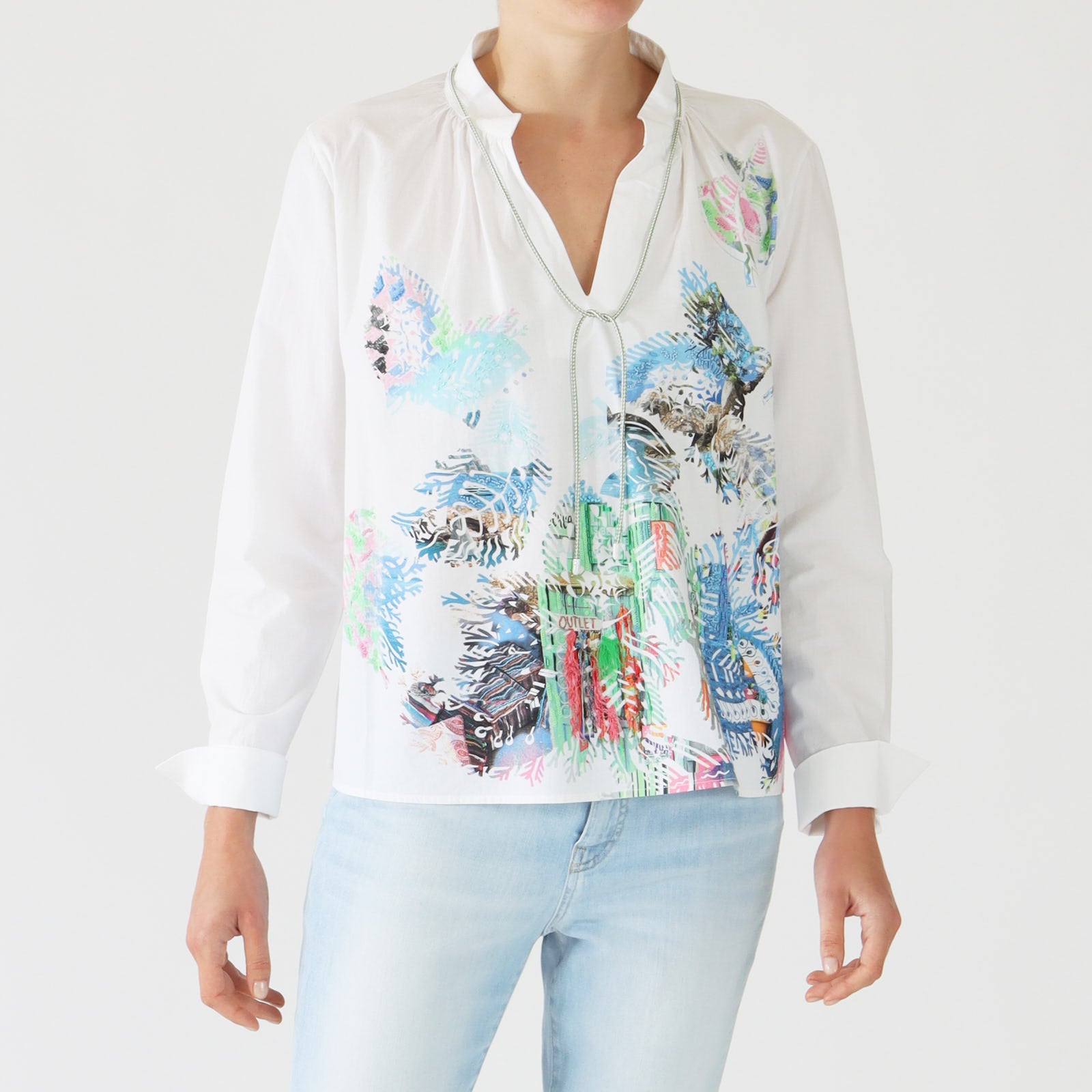 White Printed Picture Cotton Blouse