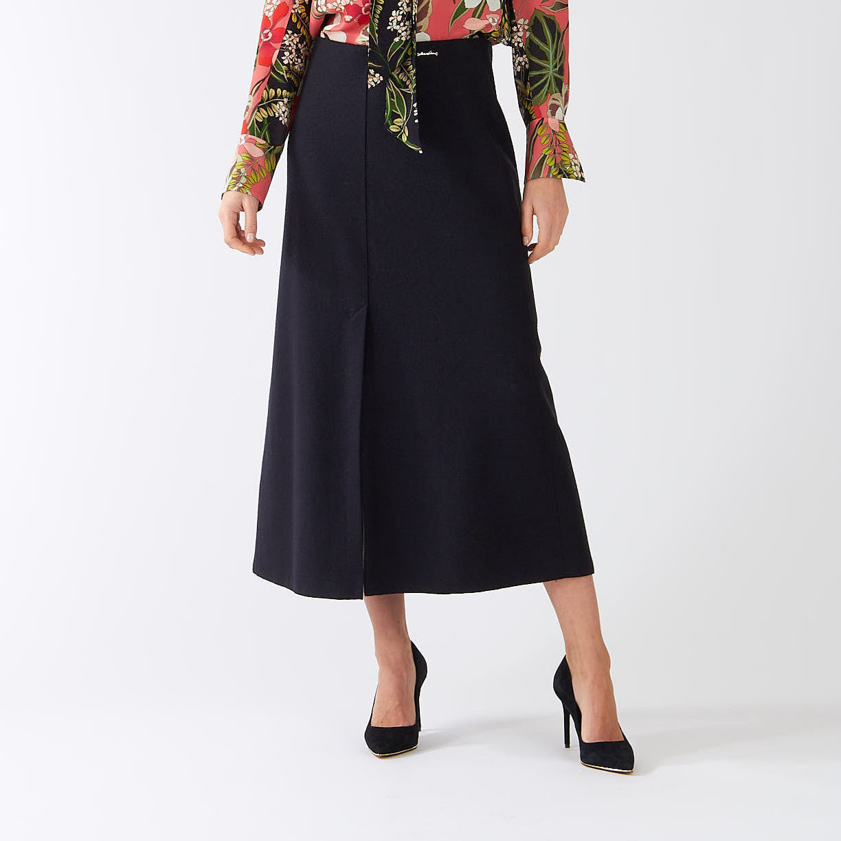 Black Virgin Wool Midi Skirt