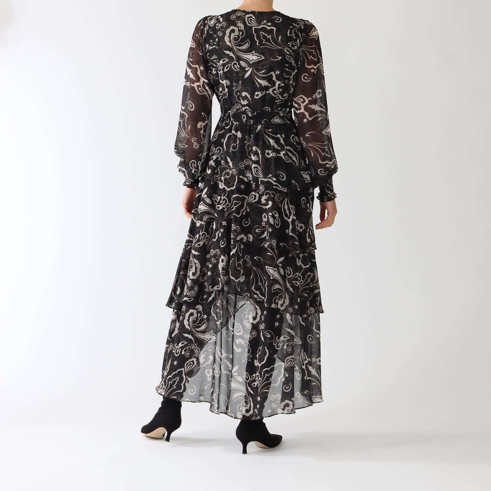 Celeste Black Paisley Print Tiered Maxi Dress