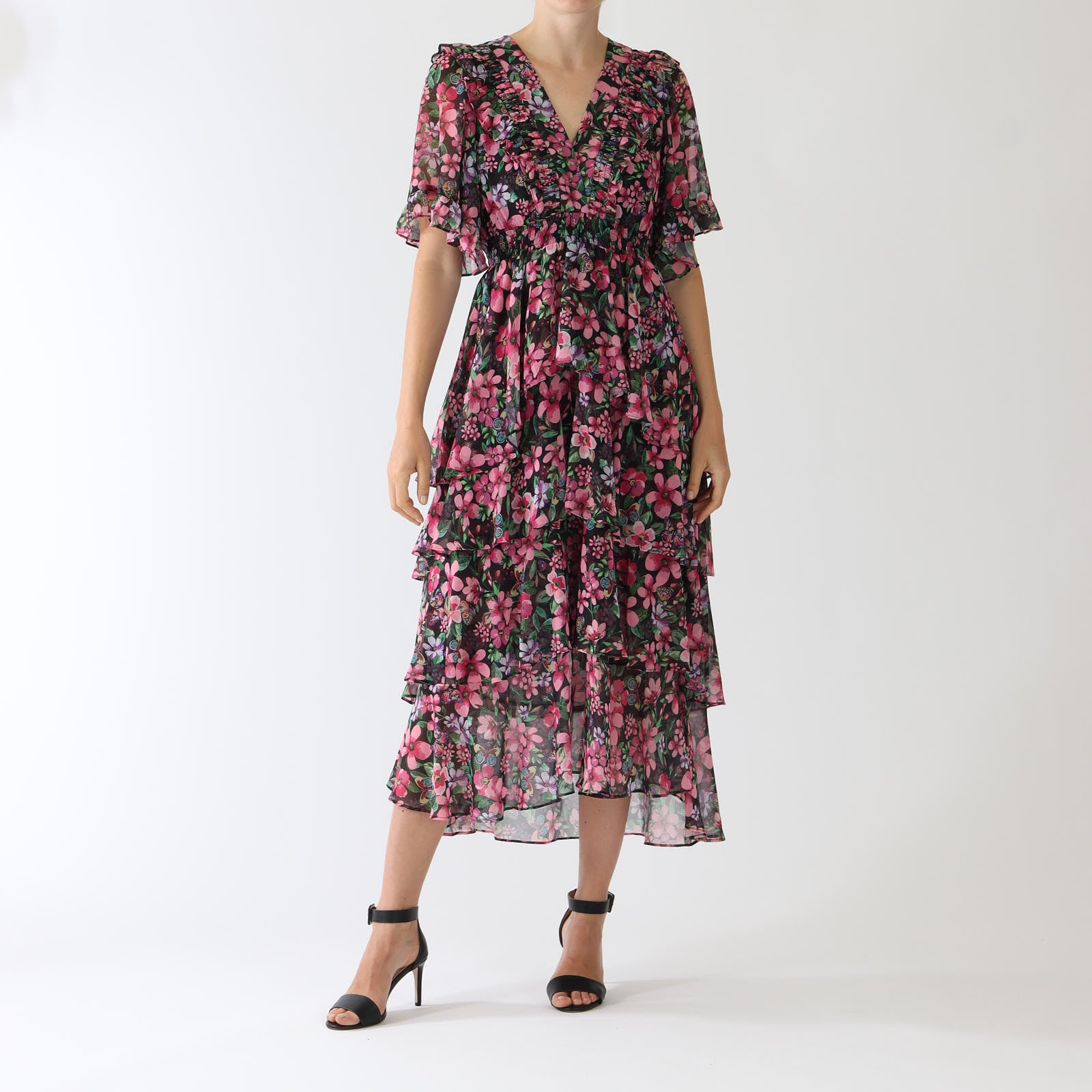 Natasha Black Floral Print Tiered Midi Dress