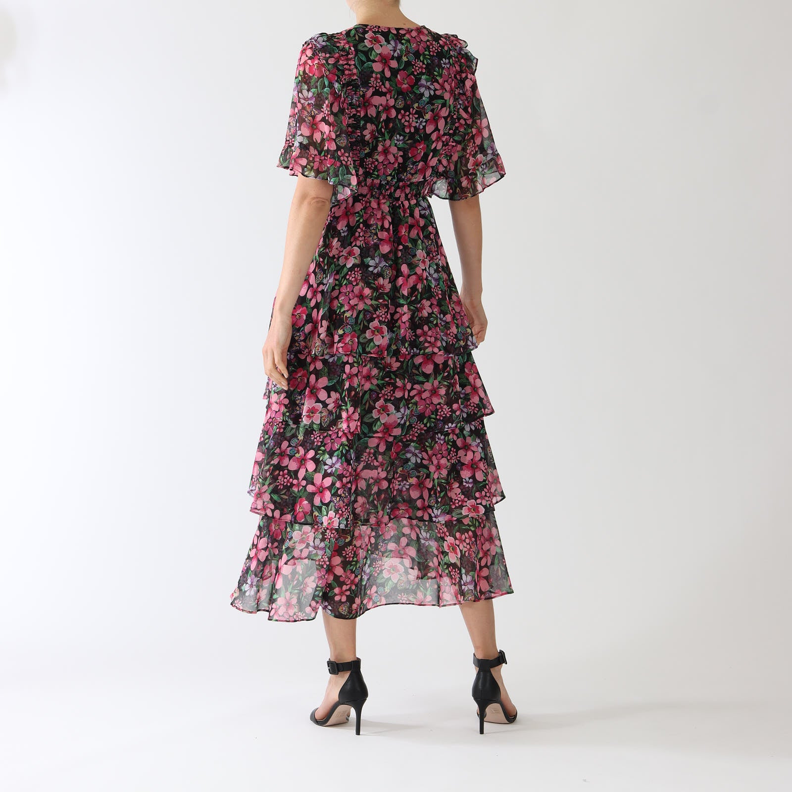 Natasha Black Floral Print Tiered Midi Dress