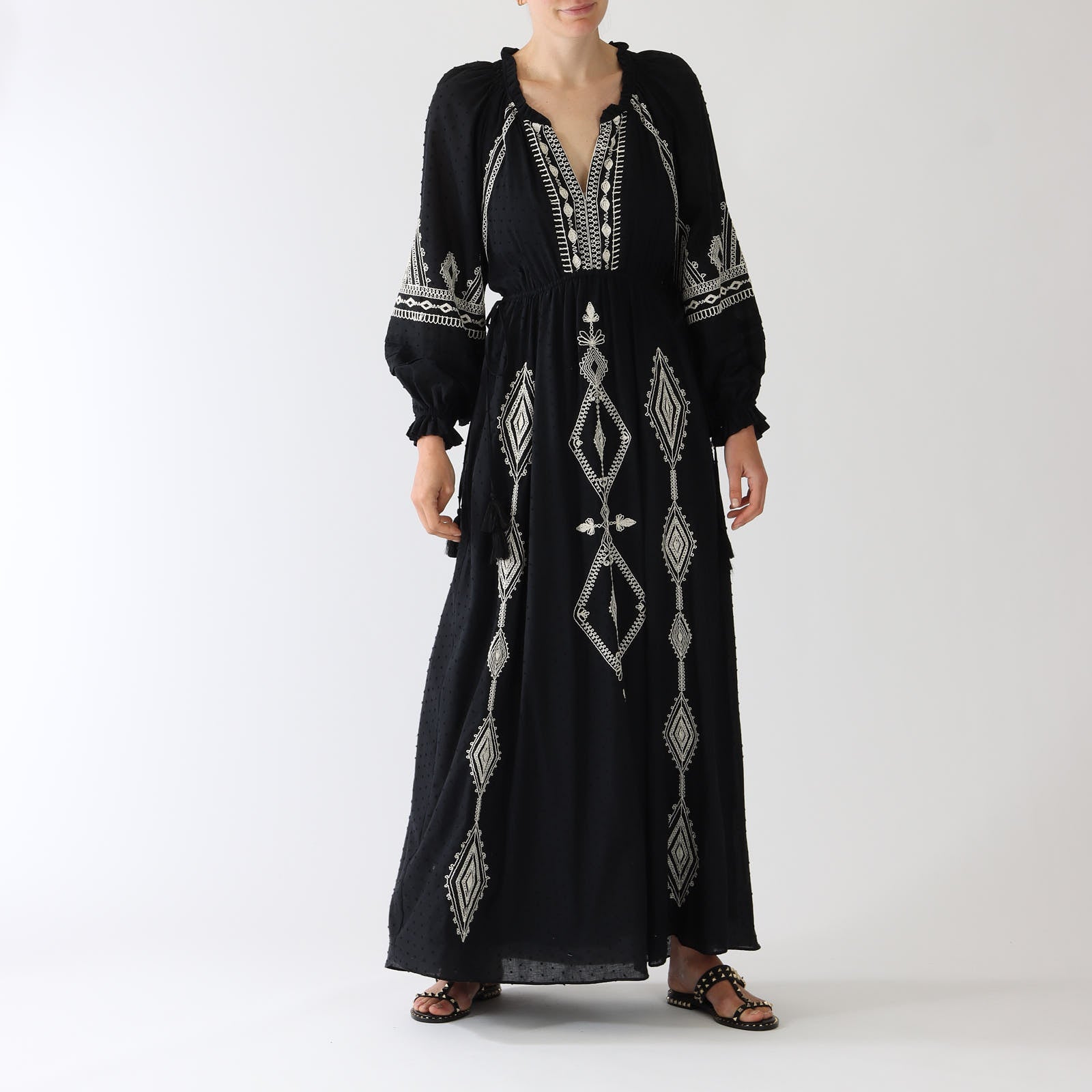 Lilly Black Embroidered Swiss Dot Maxi Dress