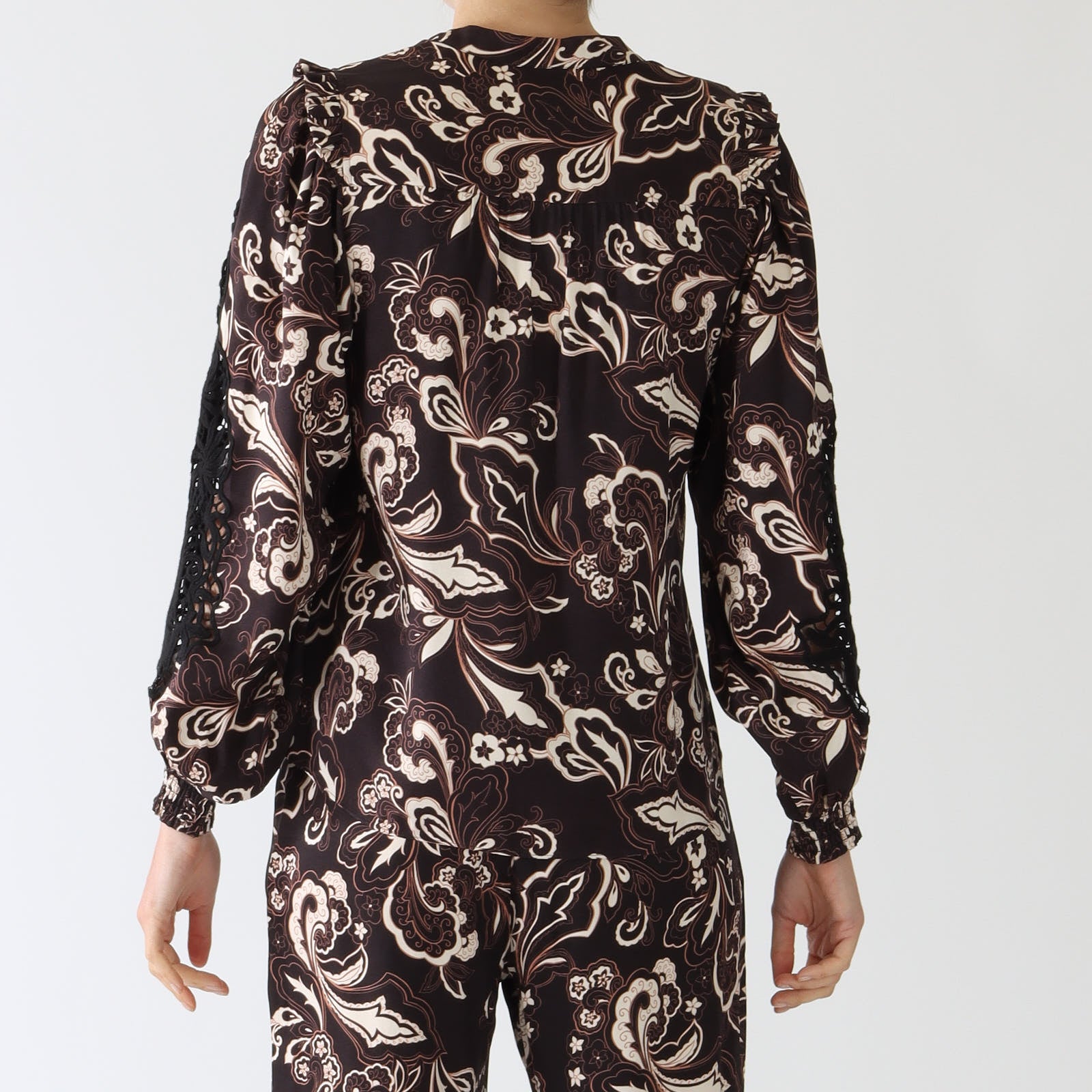 Lise Black Paisley Print Blouse With Lace Inserts