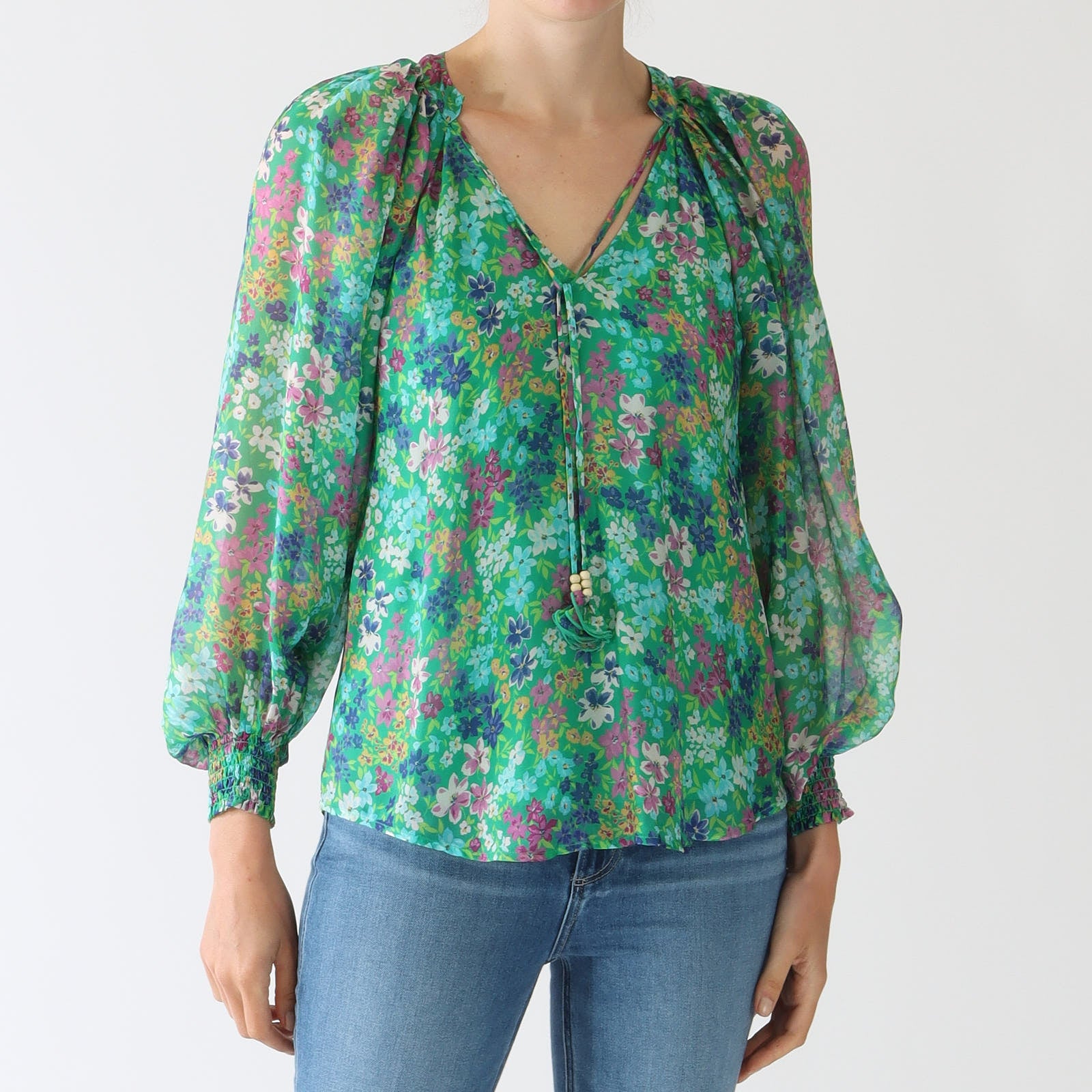 Hailey Green Floral Print Silk Blend Blouse