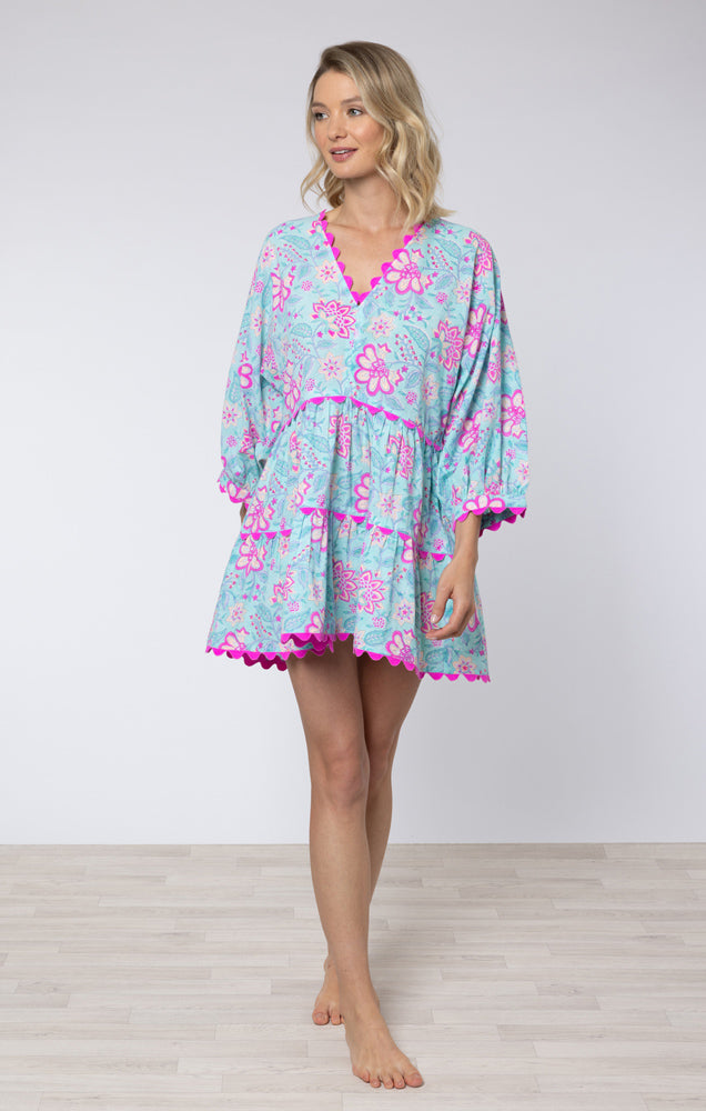 Aqua & Fuchsia Floral Cotton Poplin Dress