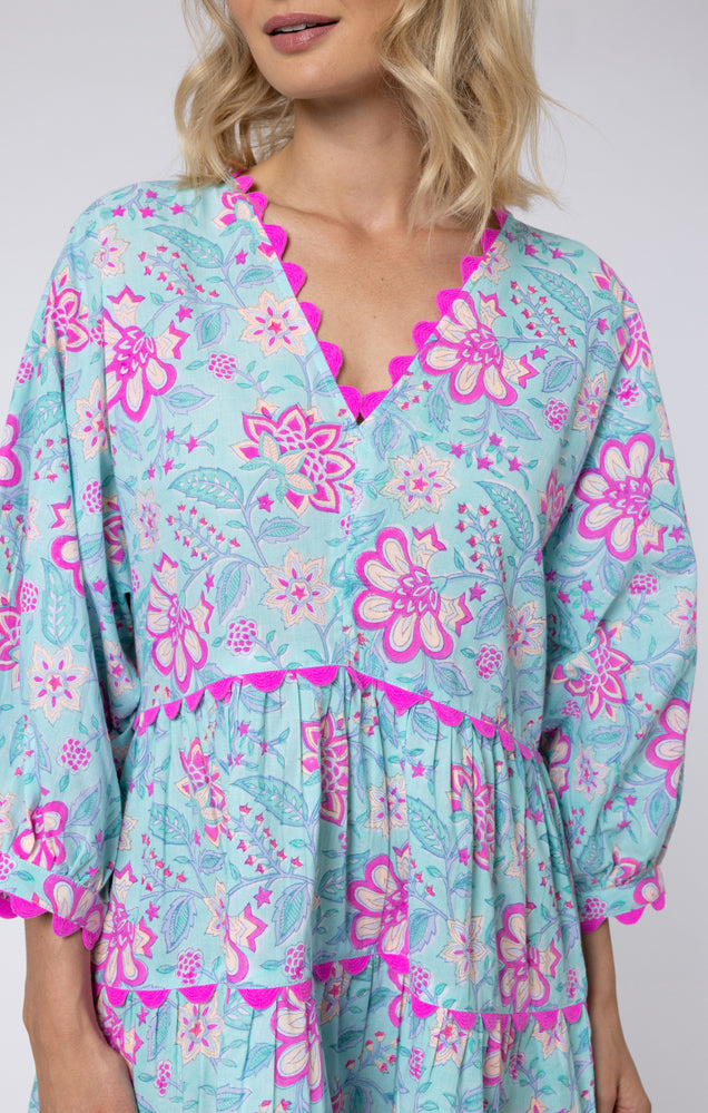 Aqua & Fuchsia Floral Cotton Poplin Dress