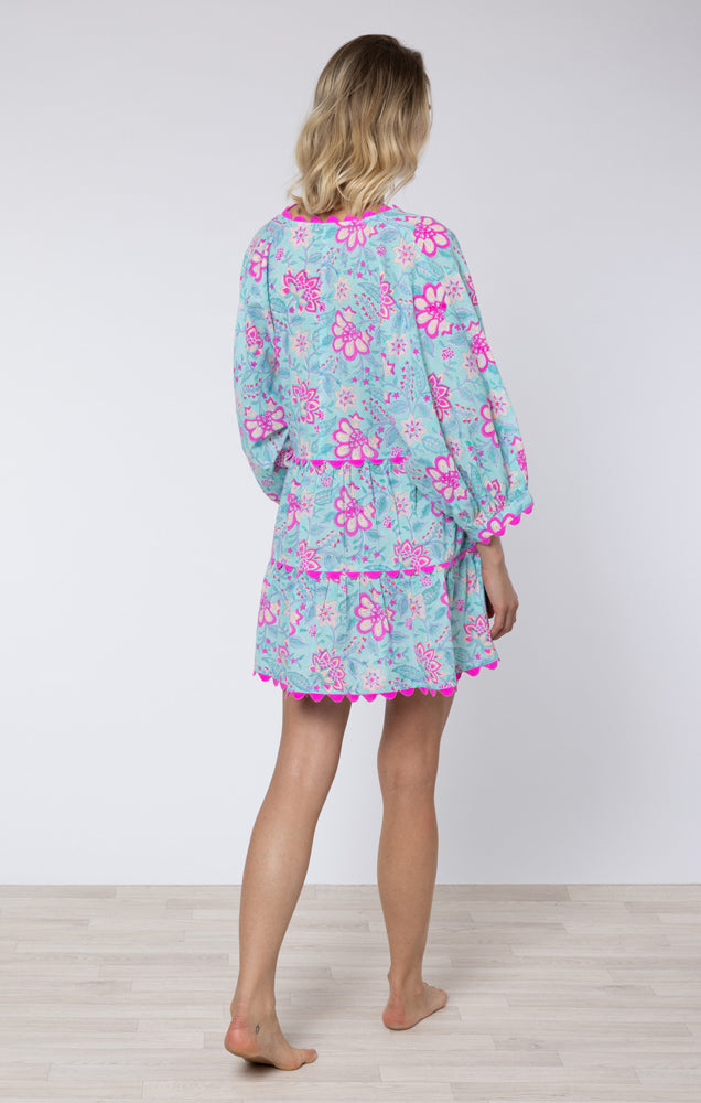 Aqua & Fuchsia Floral Cotton Poplin Dress