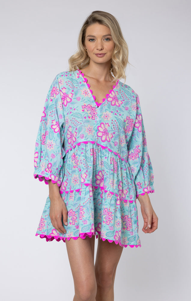 Aqua & Fuchsia Floral Cotton Poplin Dress