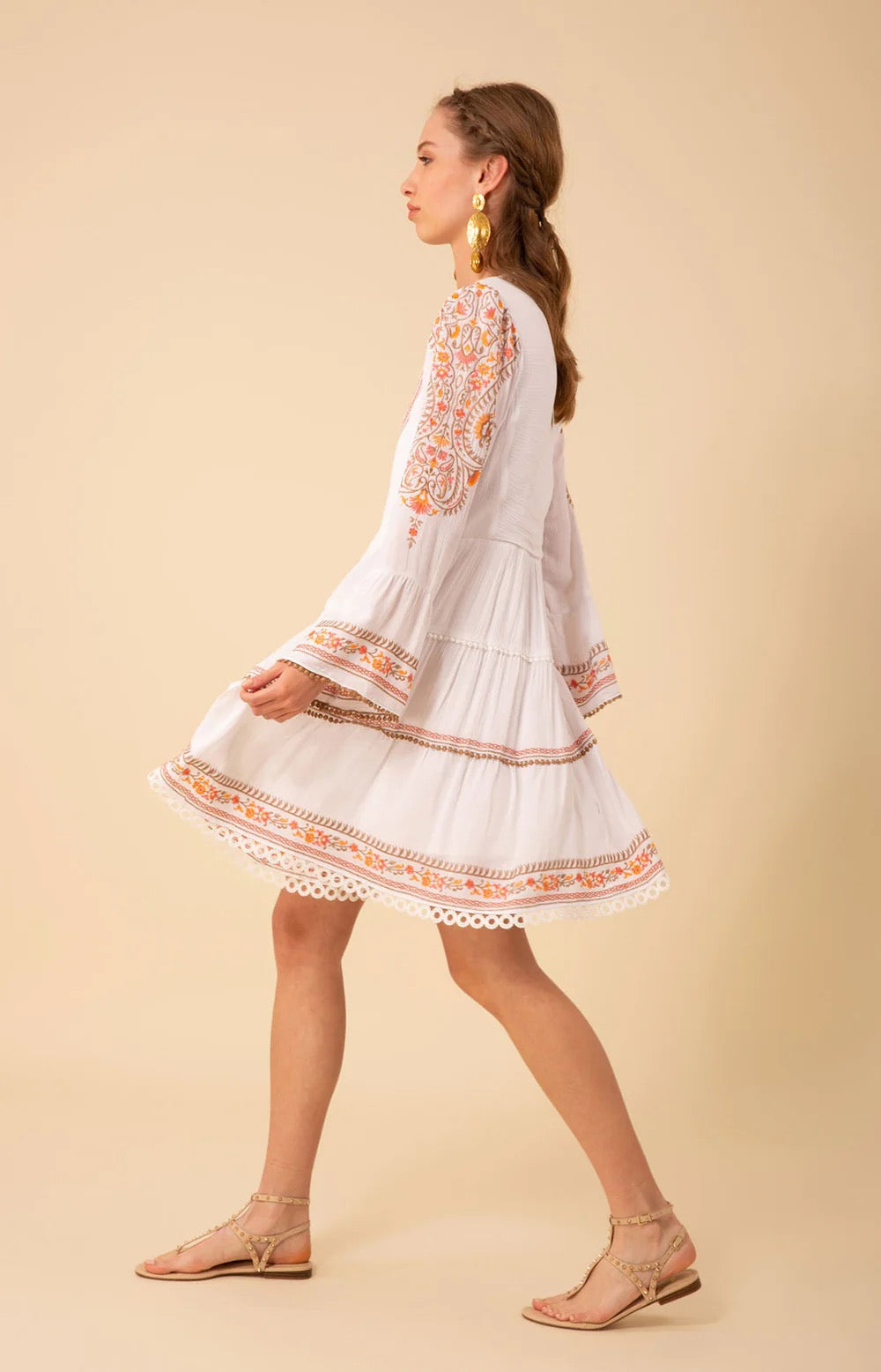 Beige Isabel Embroidered Mini Dress
