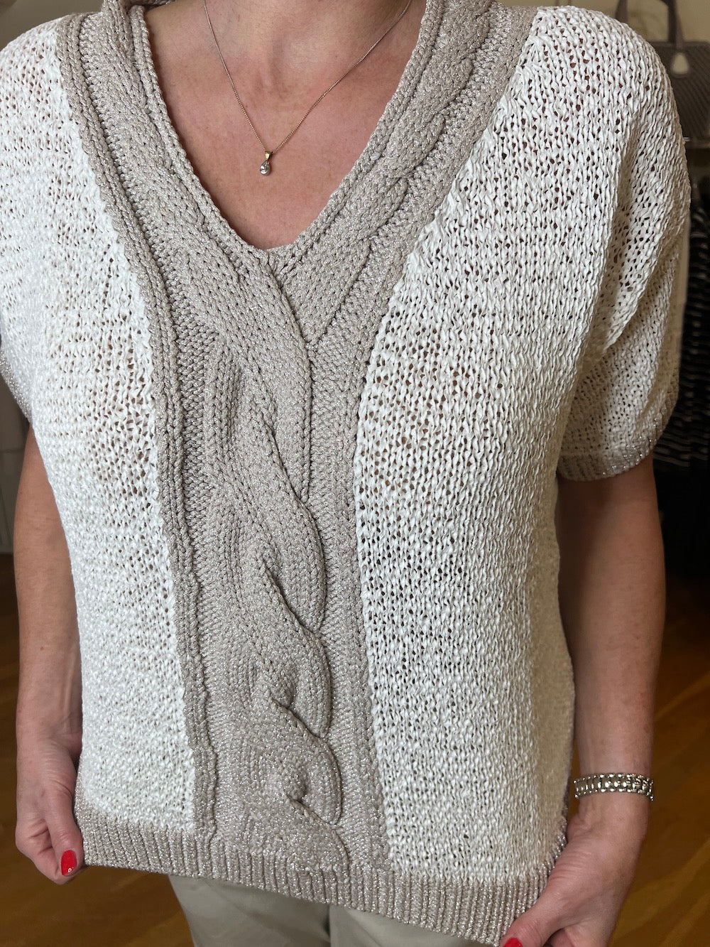 Bianco Textured Knit Sweater With Cable Trim