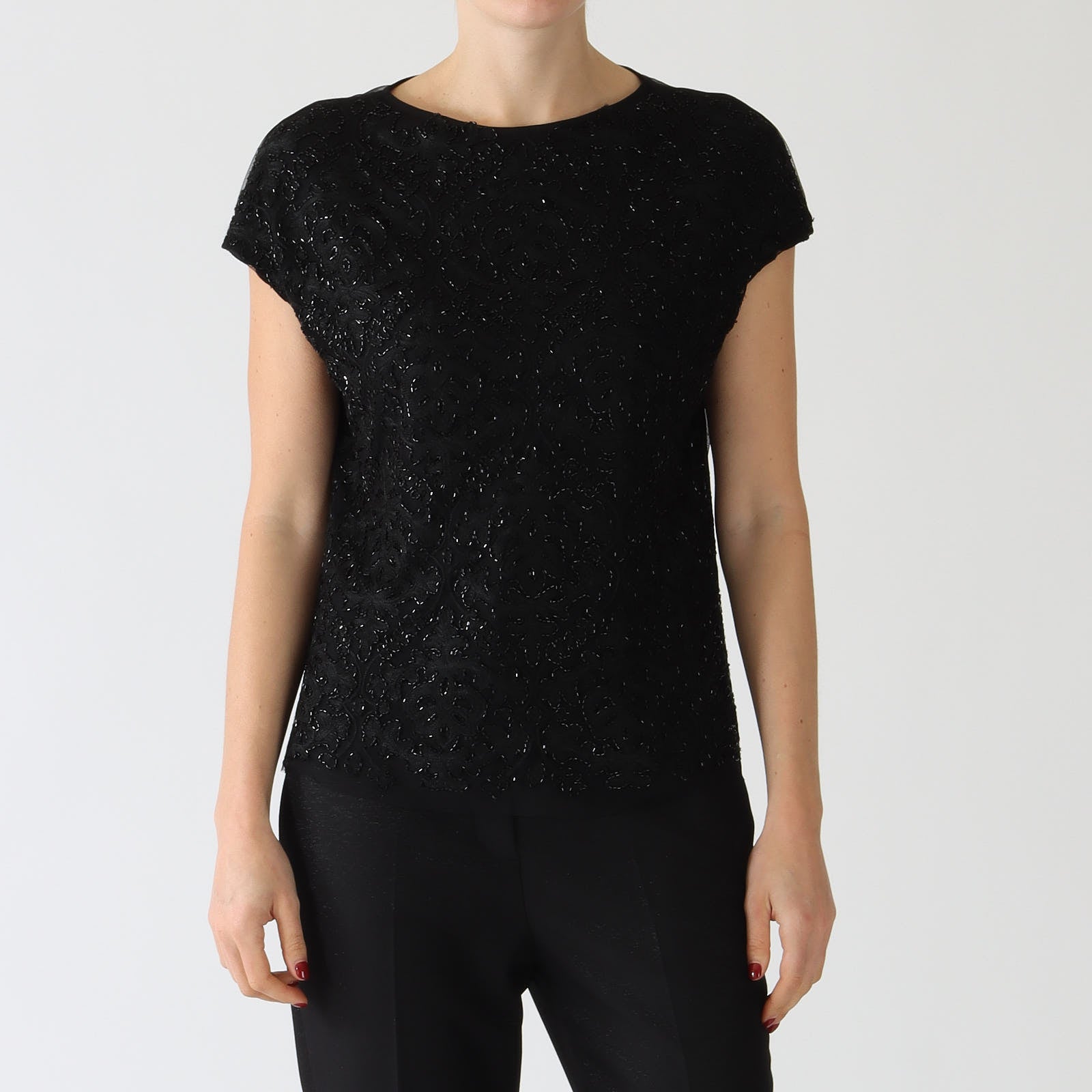 Black Beaded Cap Sleeve Blouse