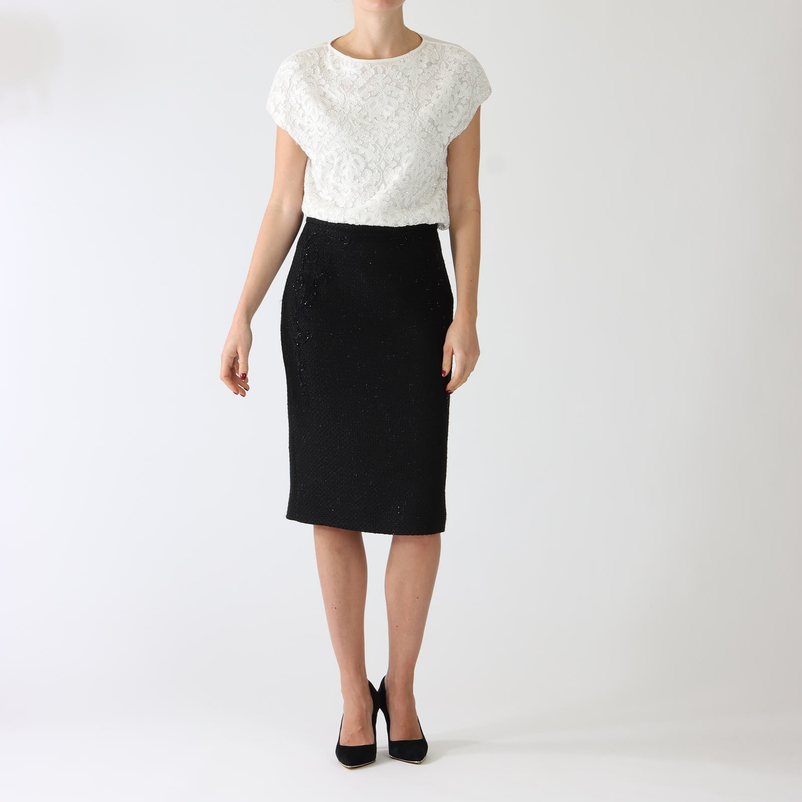 Black Bouclé Knit Pencil Skirt