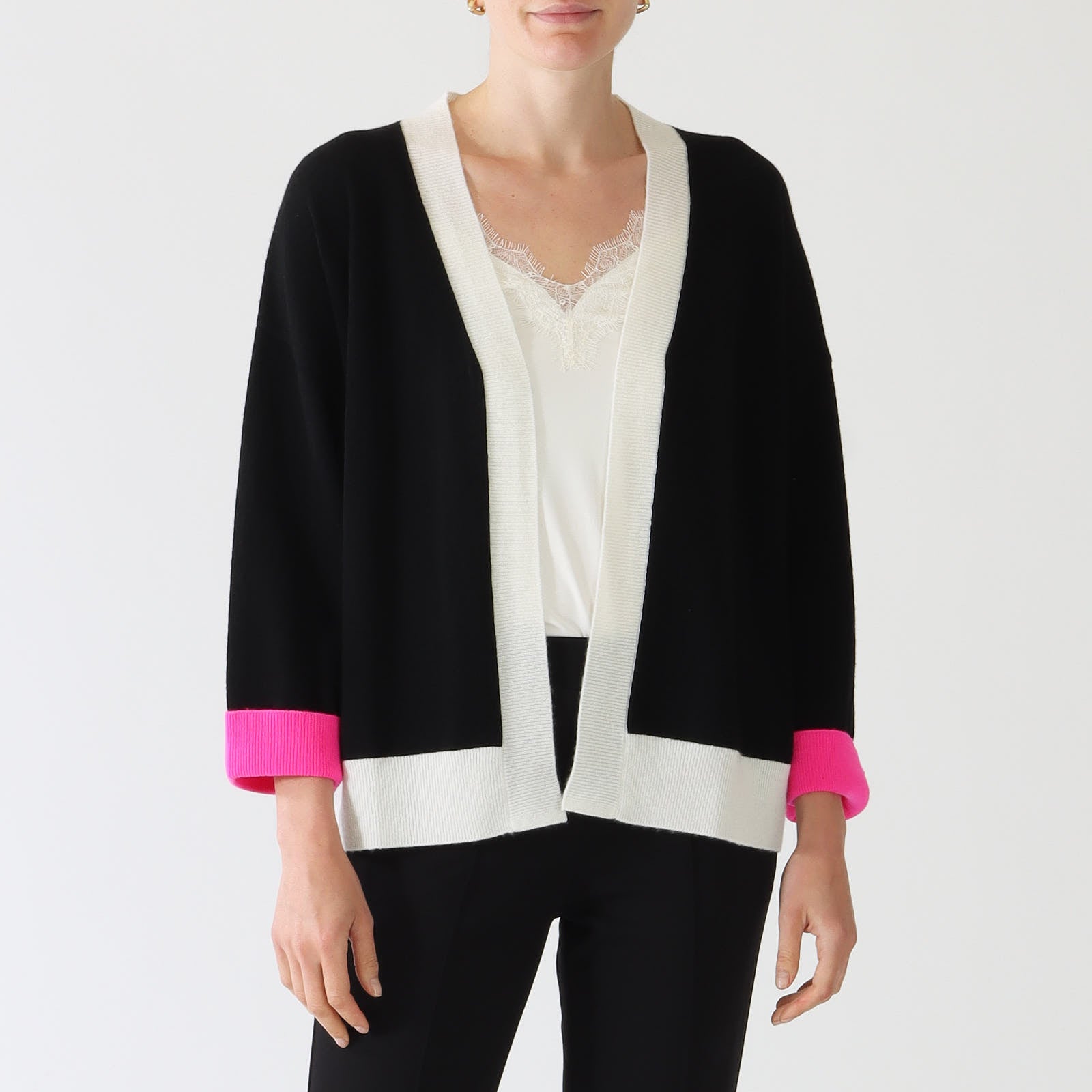 Black Cardigan With Ecru & Fuchsia Trims