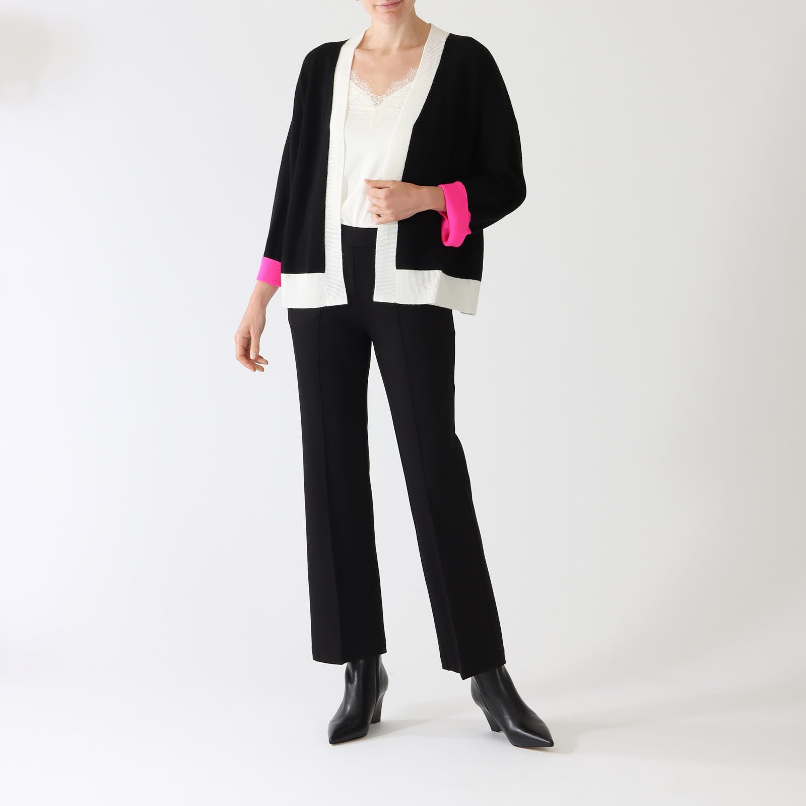 Black Cardigan With Ecru & Fuchsia Trims