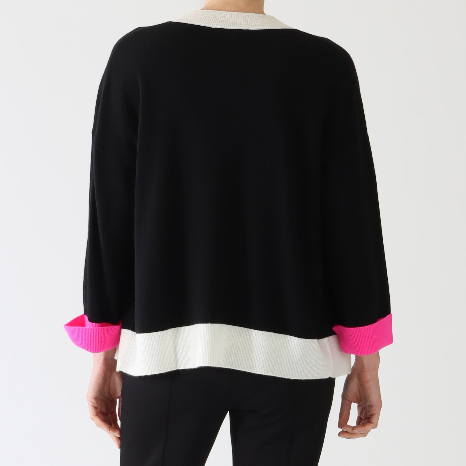 Black Cardigan With Ecru & Fuchsia Trims