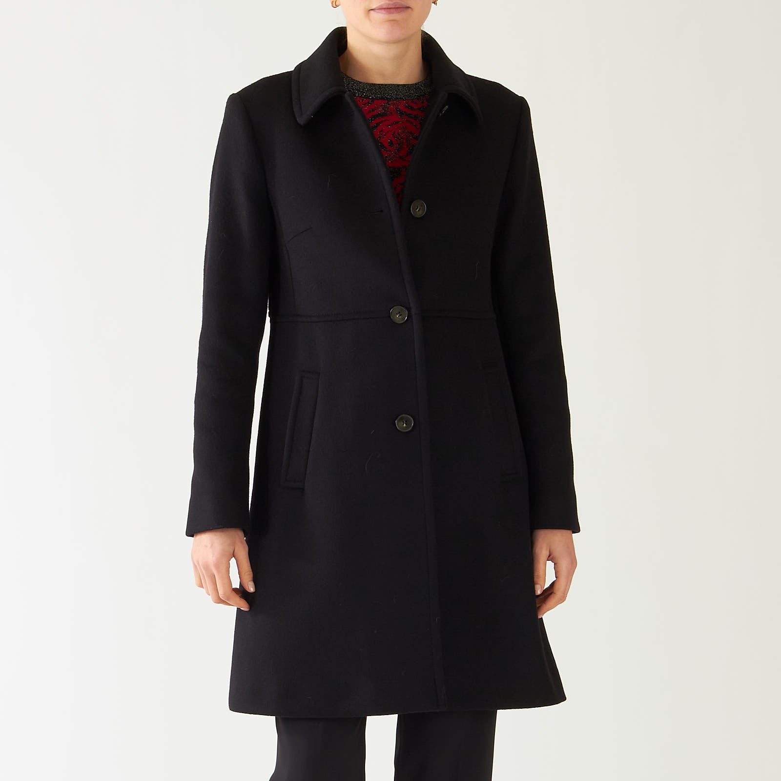 Black Collared Wool Blend Tailored Coat