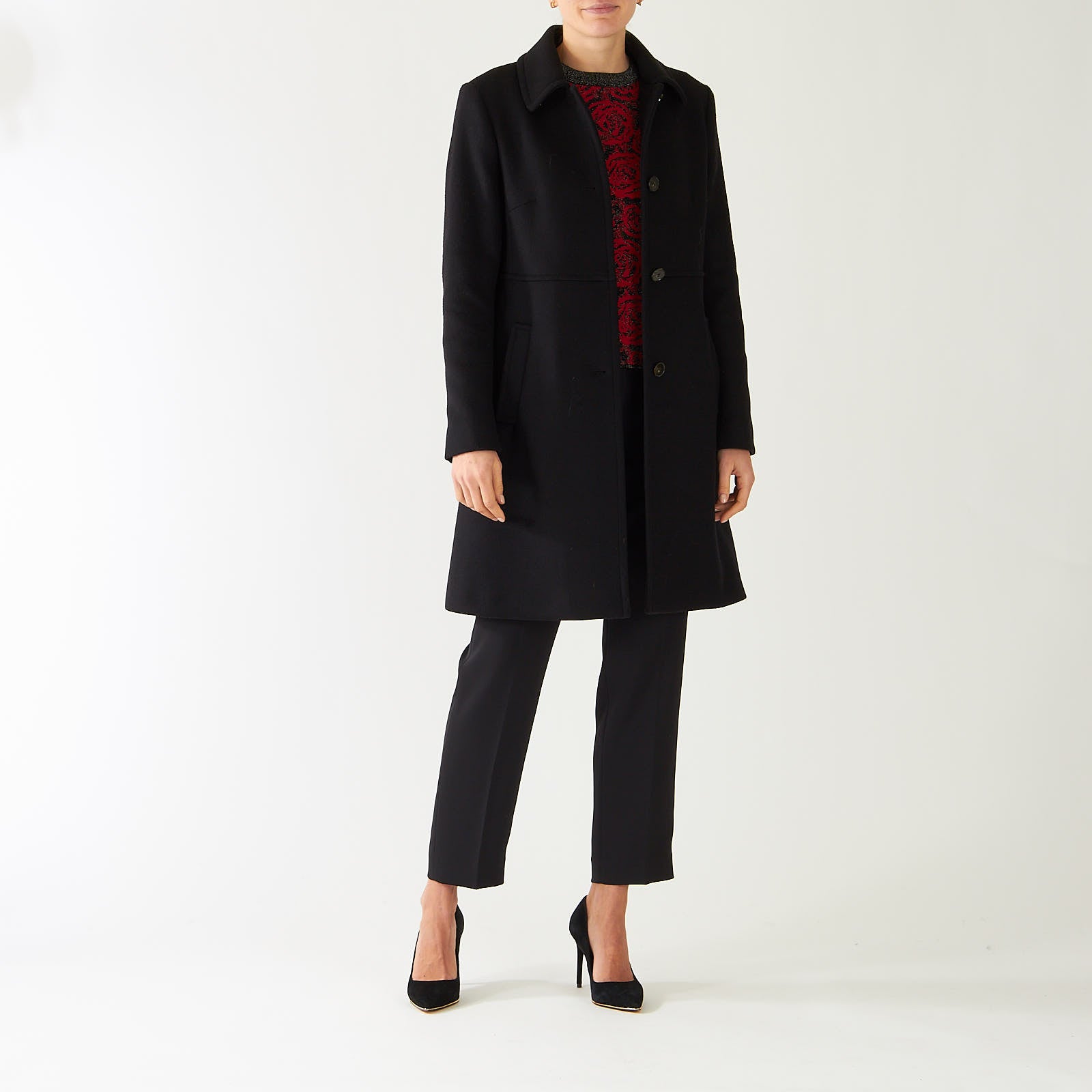 Black Collared Wool Blend Tailored Coat