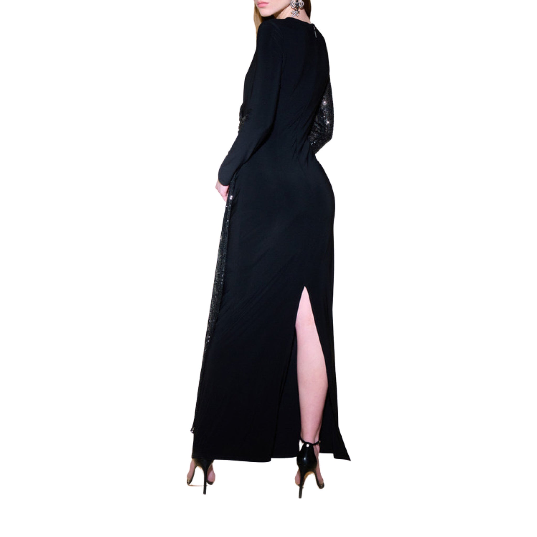 Black Draped Sequin Maxi Dress