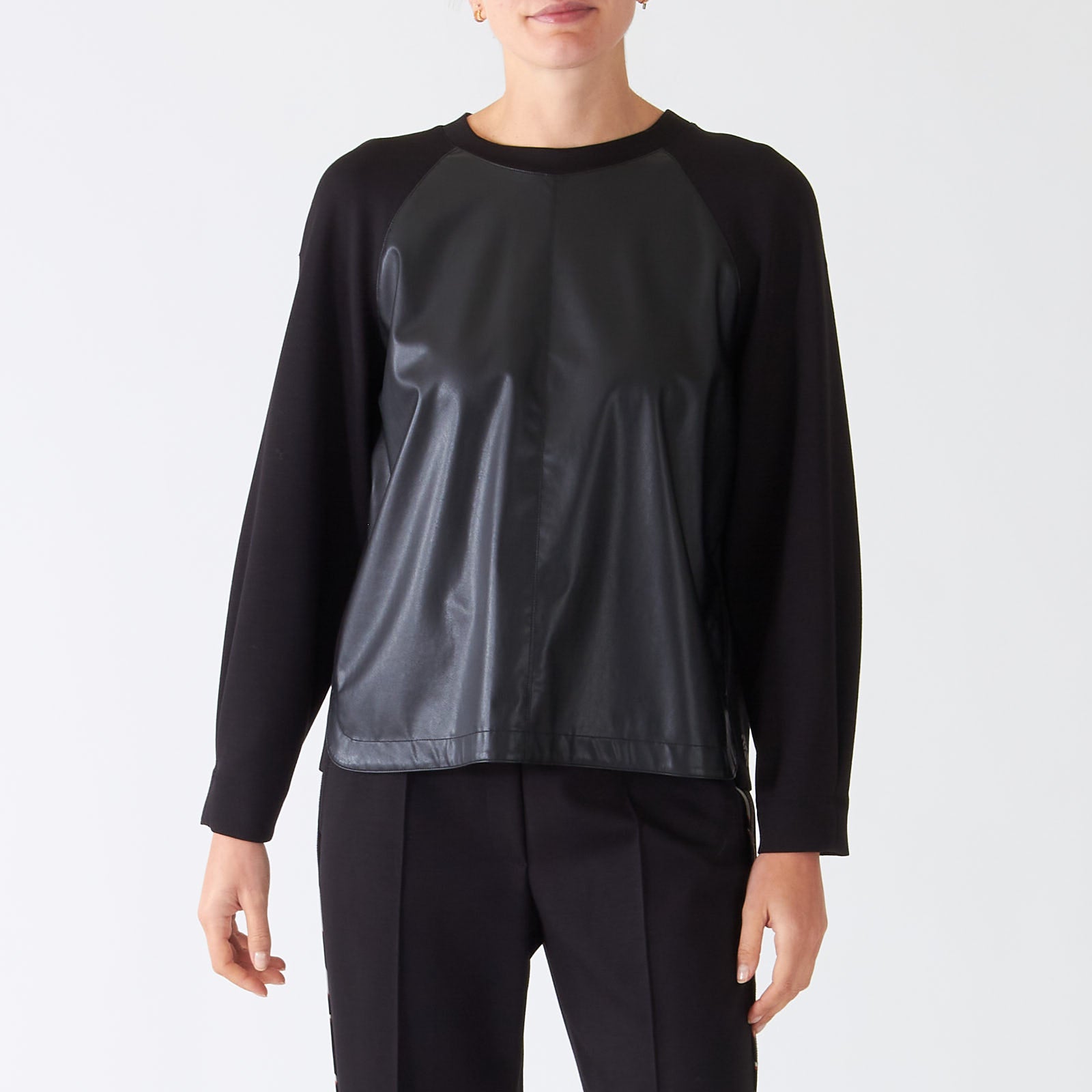 Black Faux Leather Front Sweatshirt