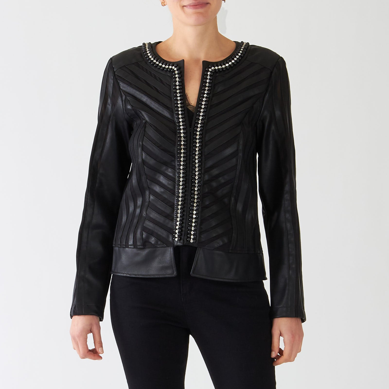 Black Faux Leather Jacket With Beaded Crystal Trim