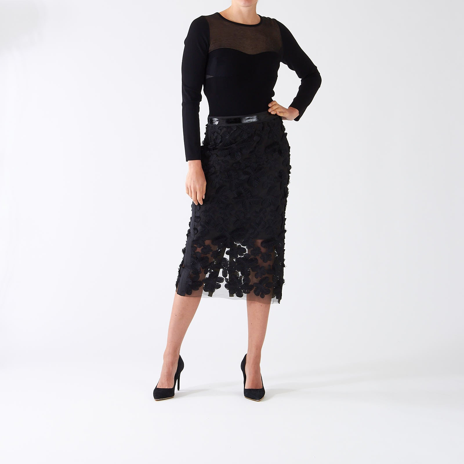 Black Floral Applique Pencil Midi Skirt