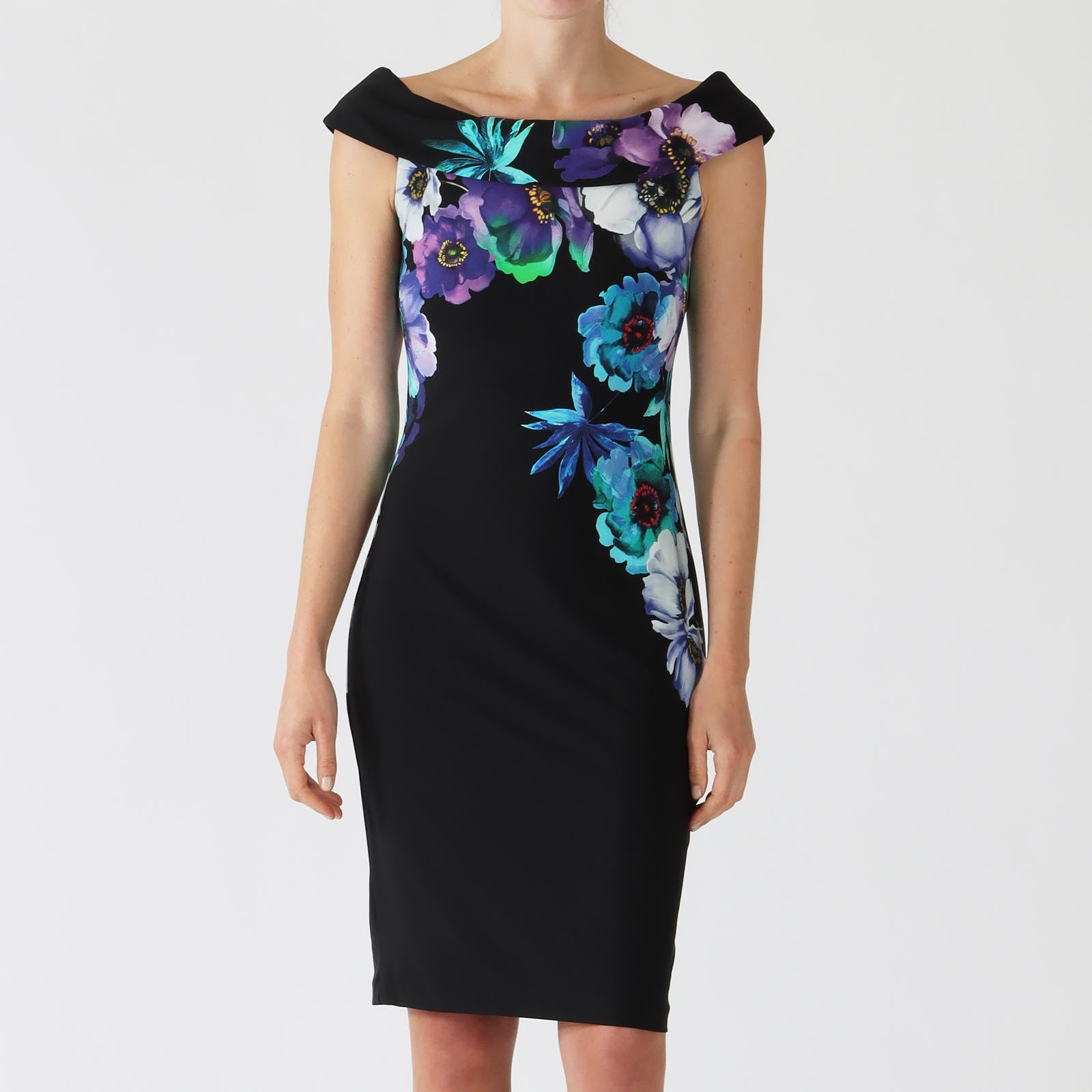 Black Floral Print Off The Shoulder Dress