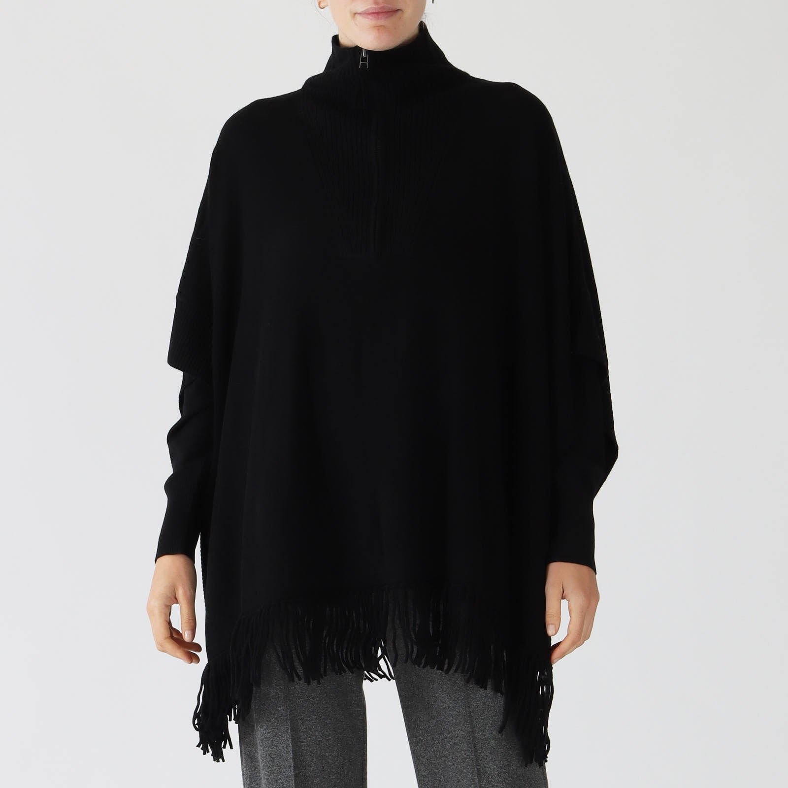 Black Fringed Poncho With Zip-Up Collar