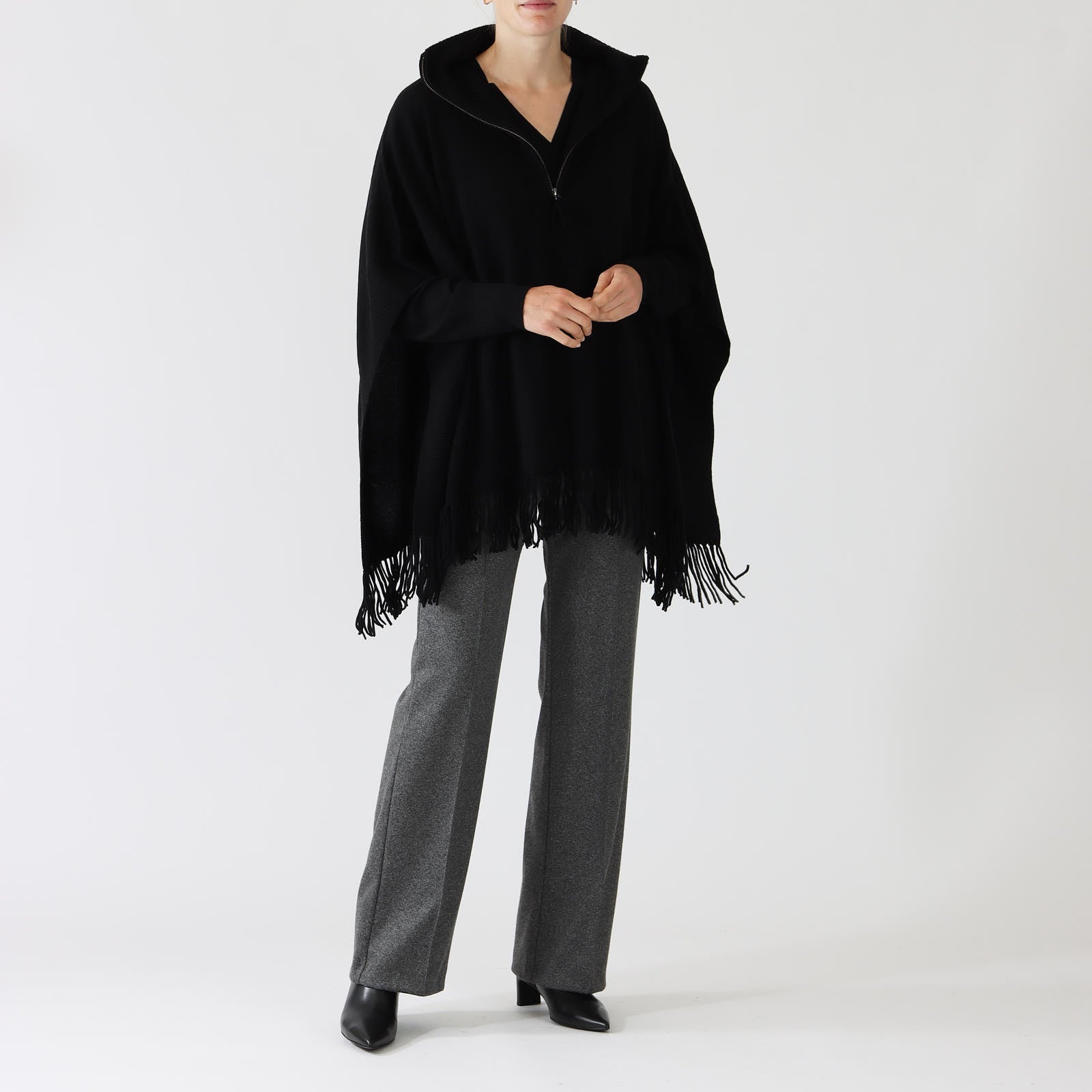 Black Fringed Poncho With Zip-Up Collar