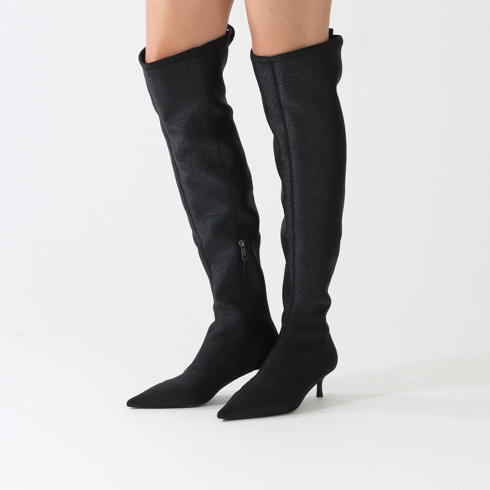 Black Glitter Heeled High Boots