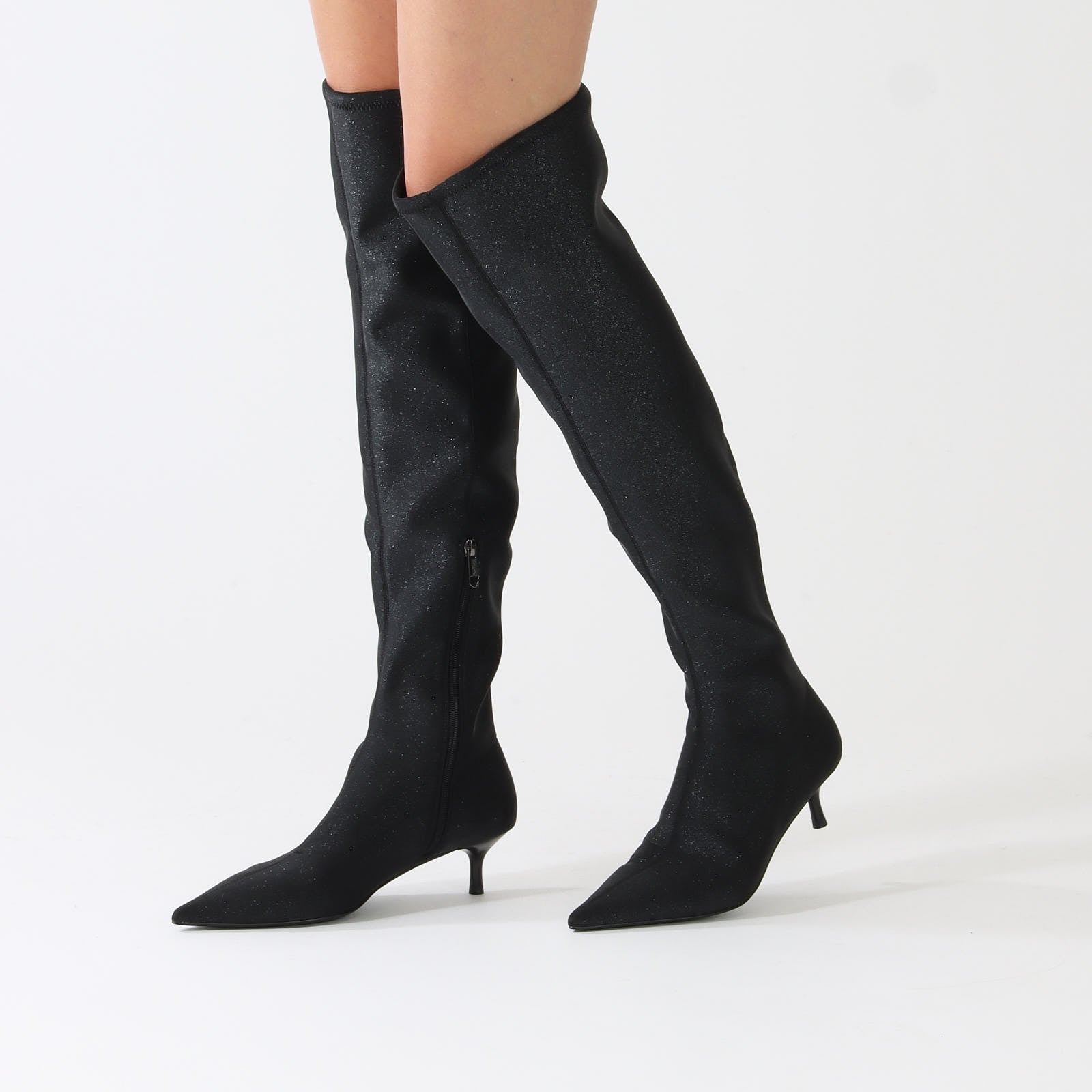 Black Glitter Heeled High Boots