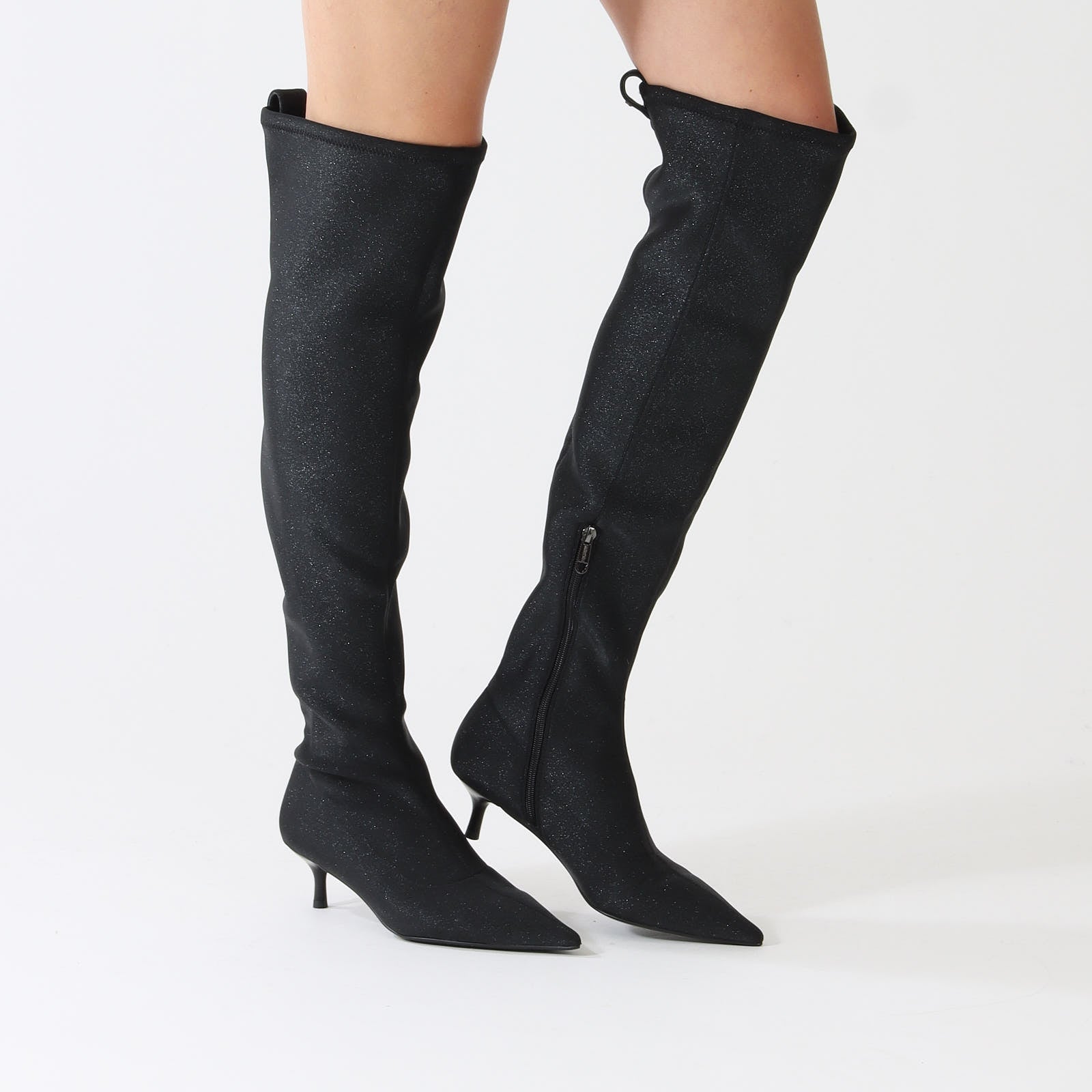 Black Glitter Heeled High Boots