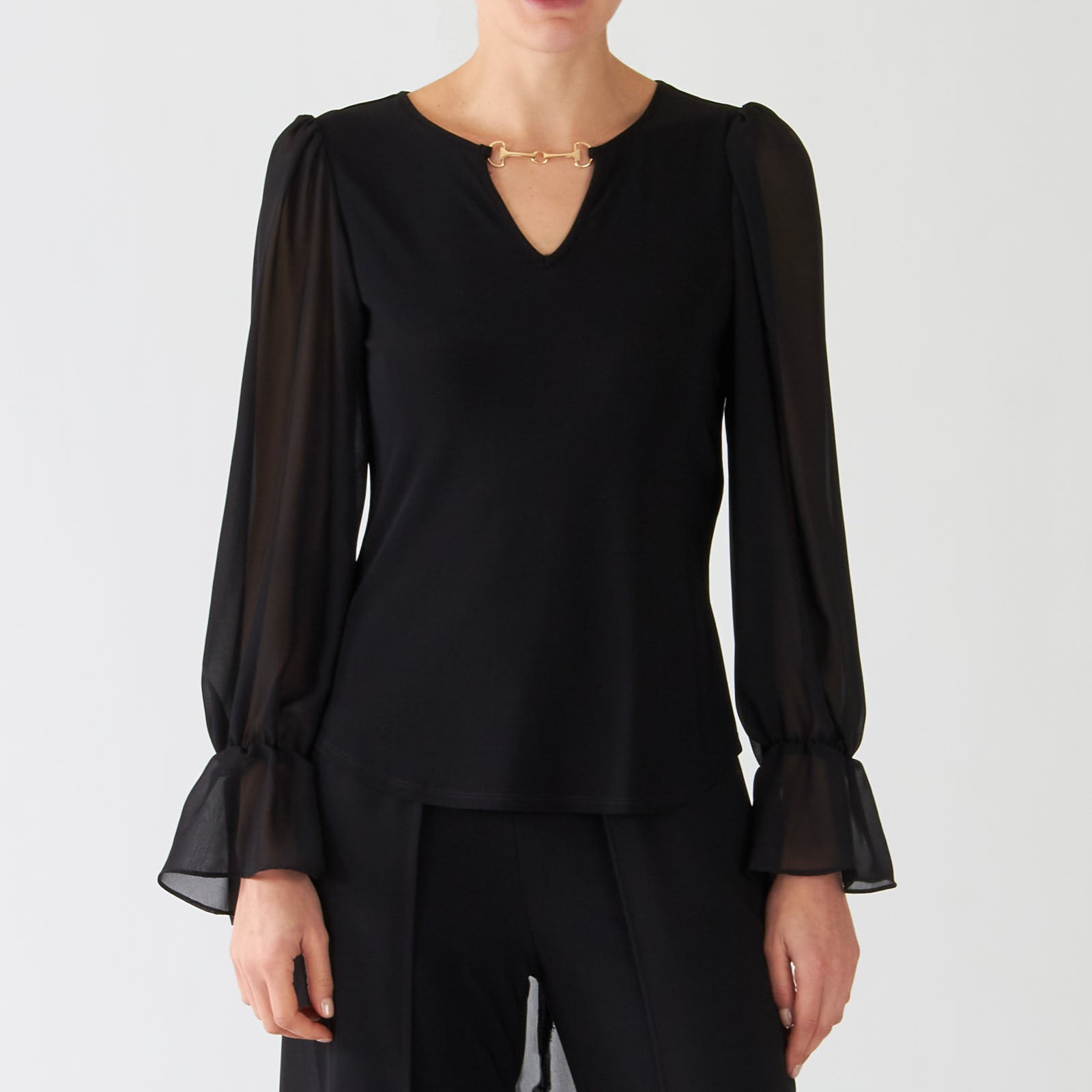 Black Keyhole Blouse With Gold Bar