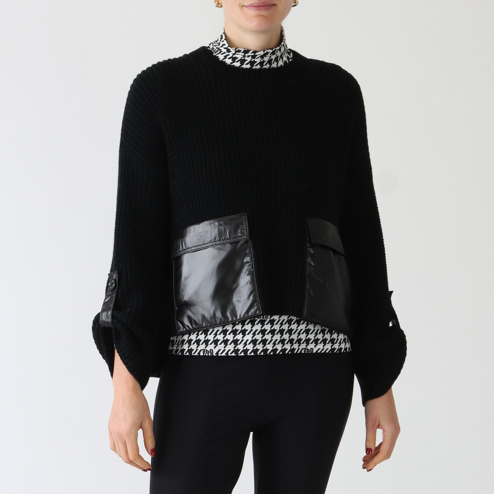 Black Knit Sweater With Coated Pockets