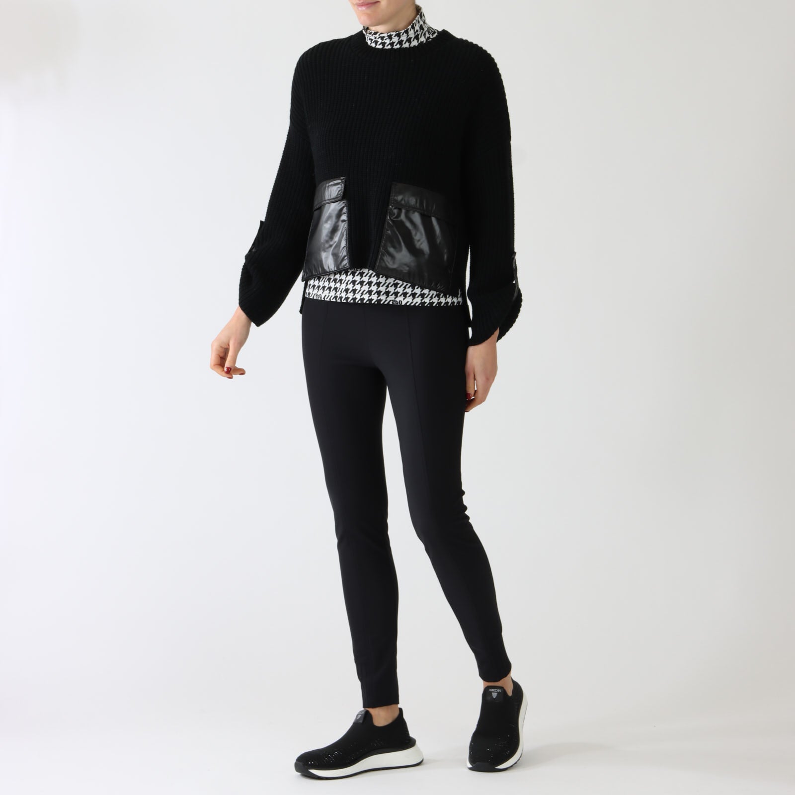 Black Knit Sweater With Coated Pockets