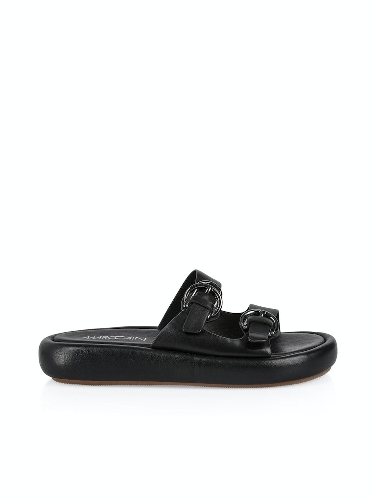 Black Leather Double Strap Mules