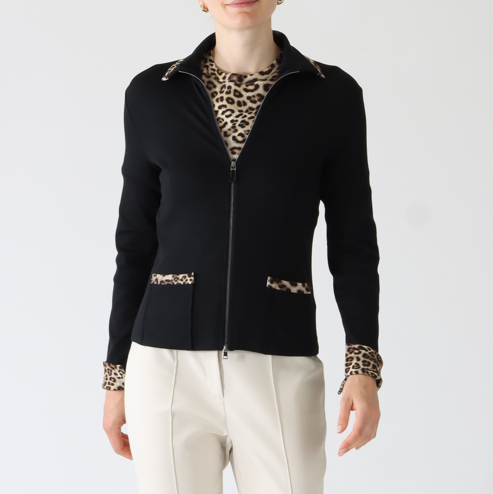 Black Leopard Print Trim Zip Jacket