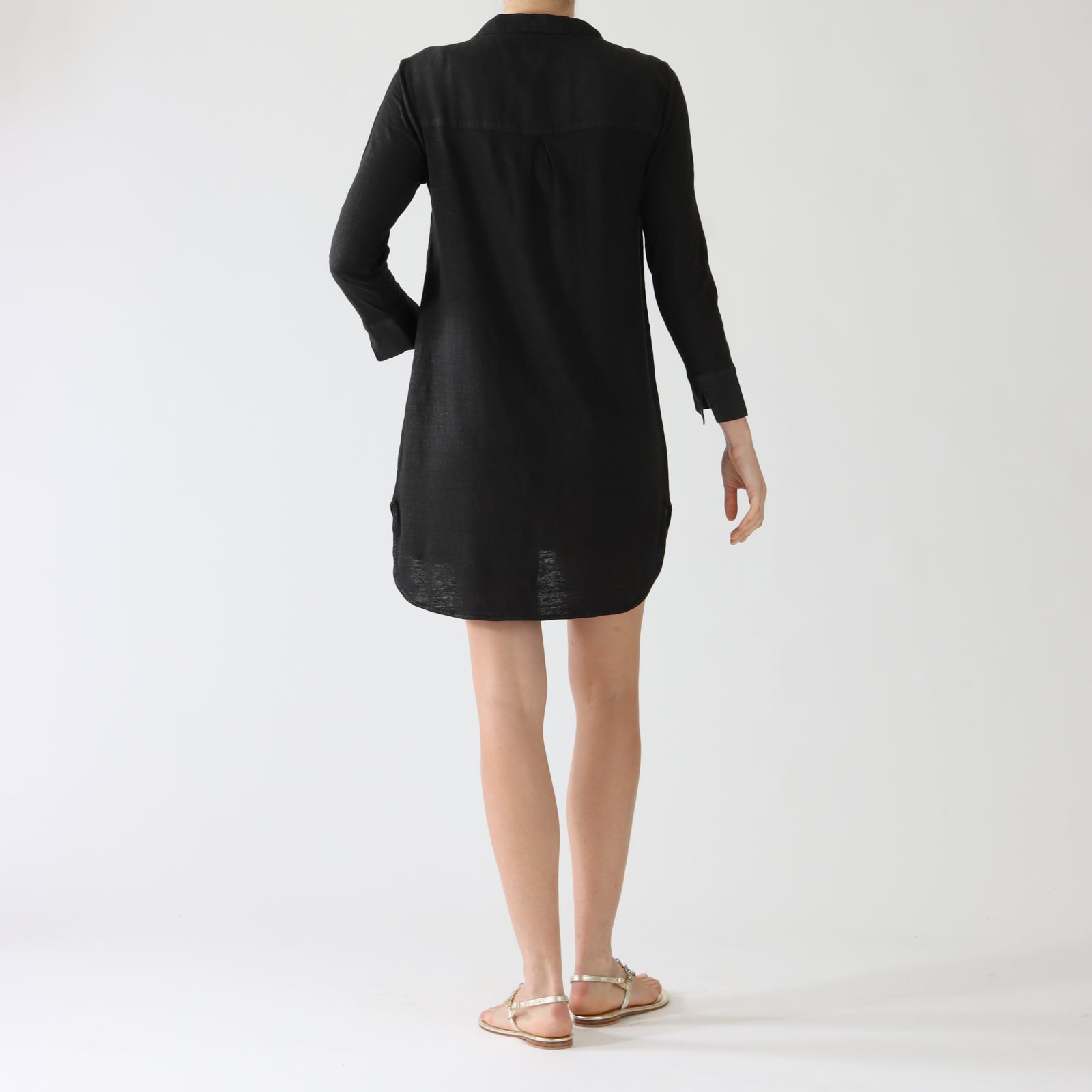 Black Linen Mini Dress With Beaded Trim