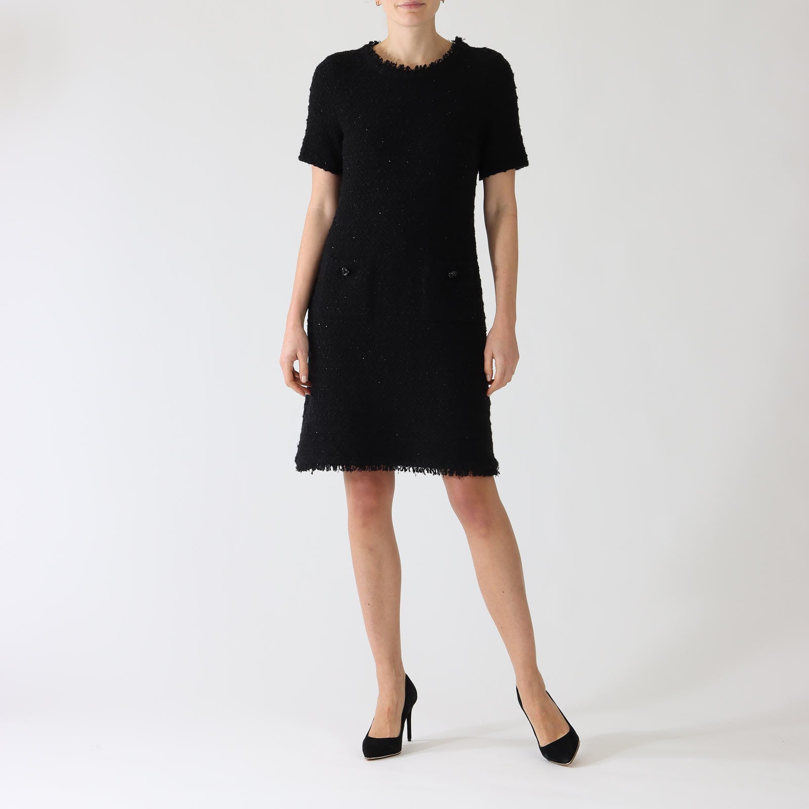 Black Lurex Bouclé Knit Knee Length Dress