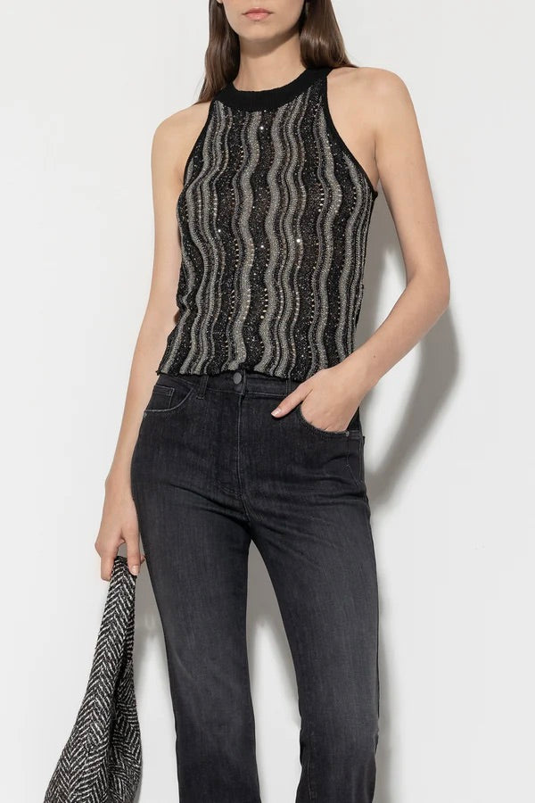 Black Lurex Wavy Stripe Knit Top