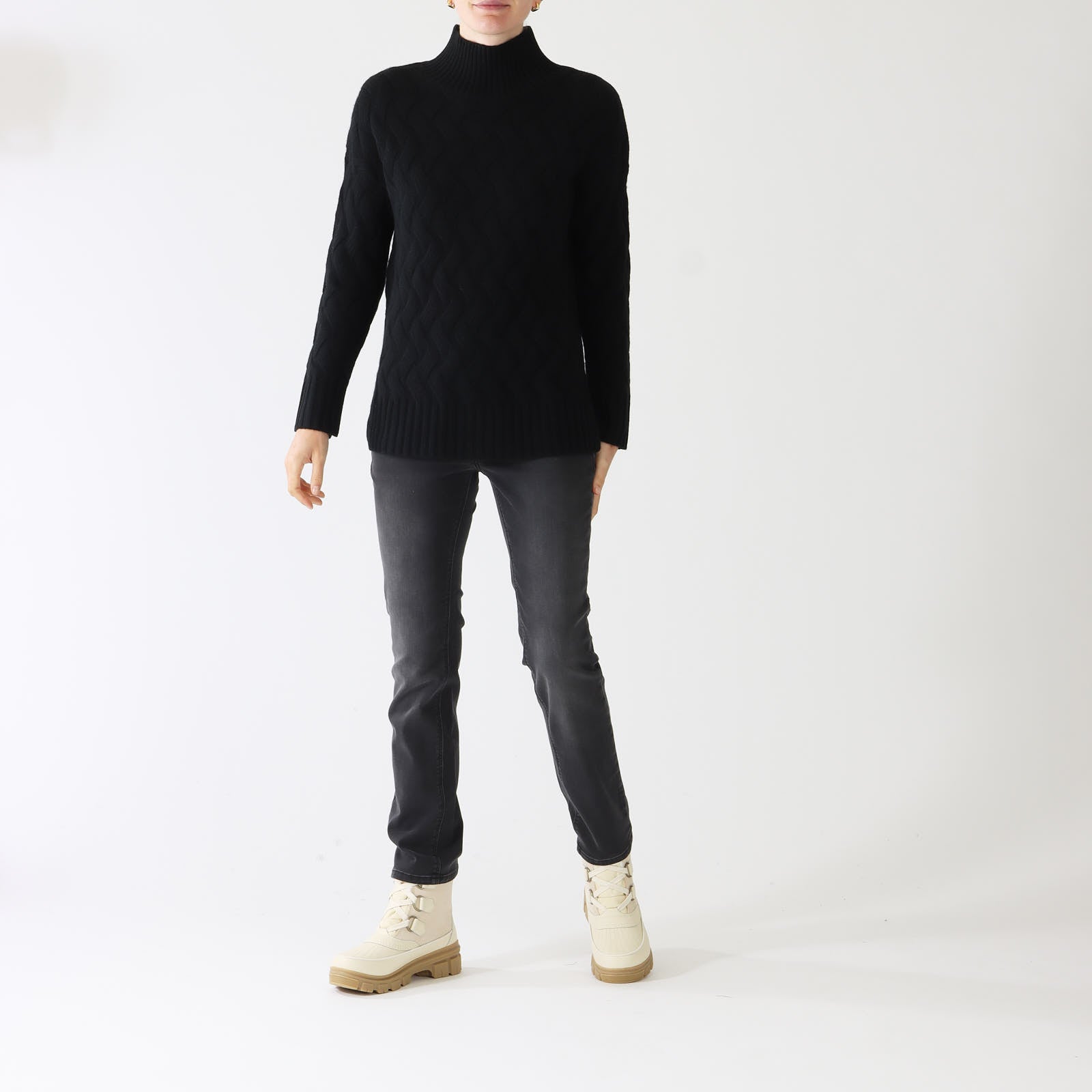 Black Luxe Cable Funnel Cashmere Sweater