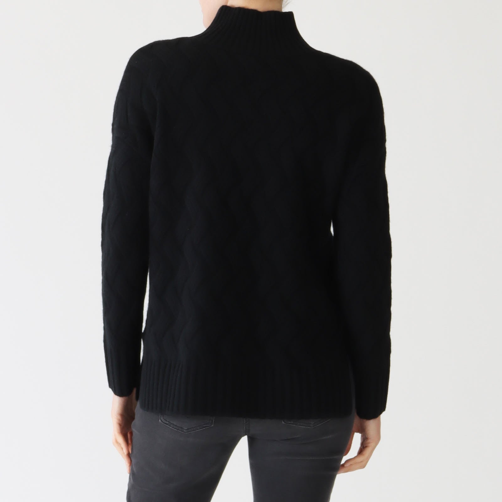 Black Luxe Cable Funnel Cashmere Sweater