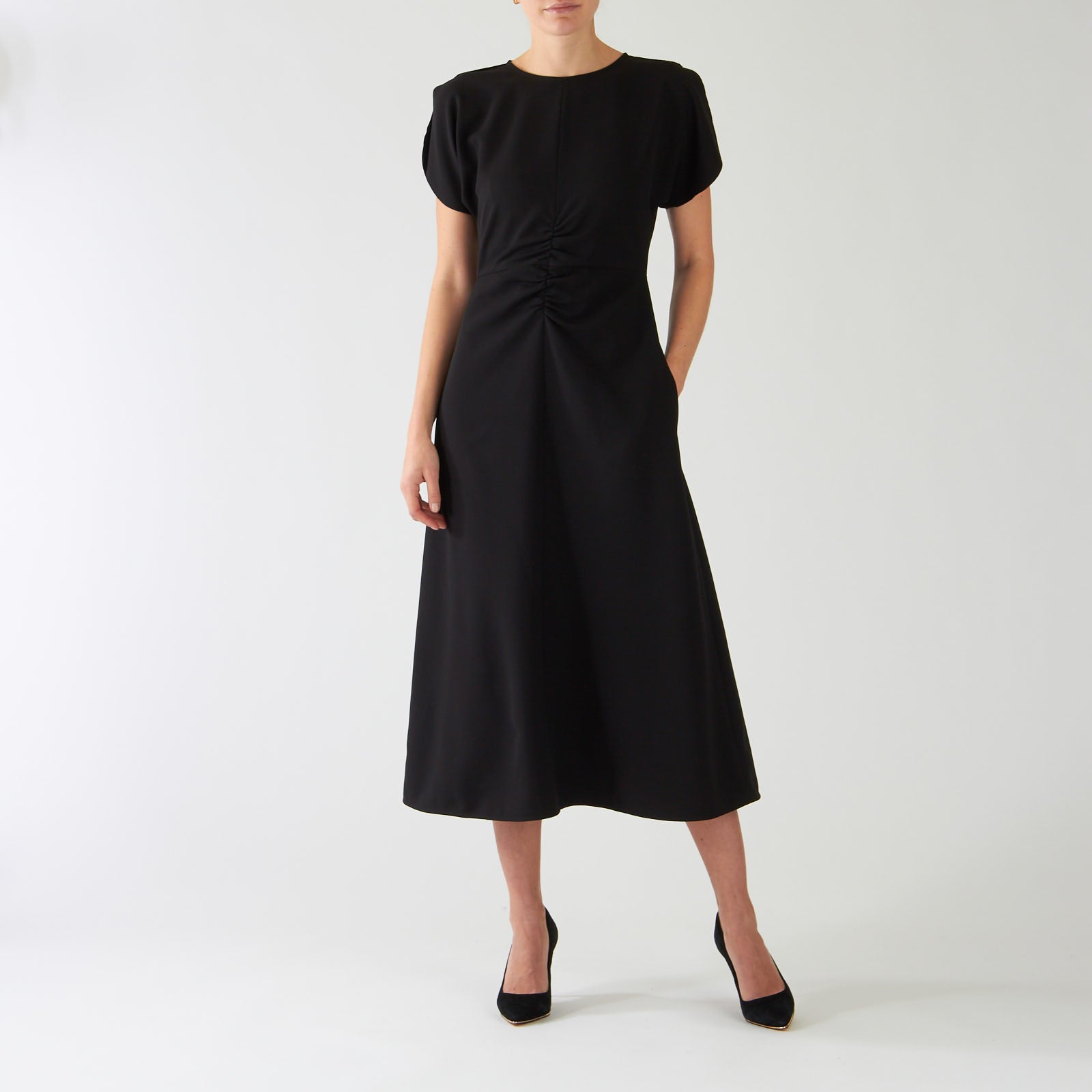 Black Ruched A-Line Midi Dress