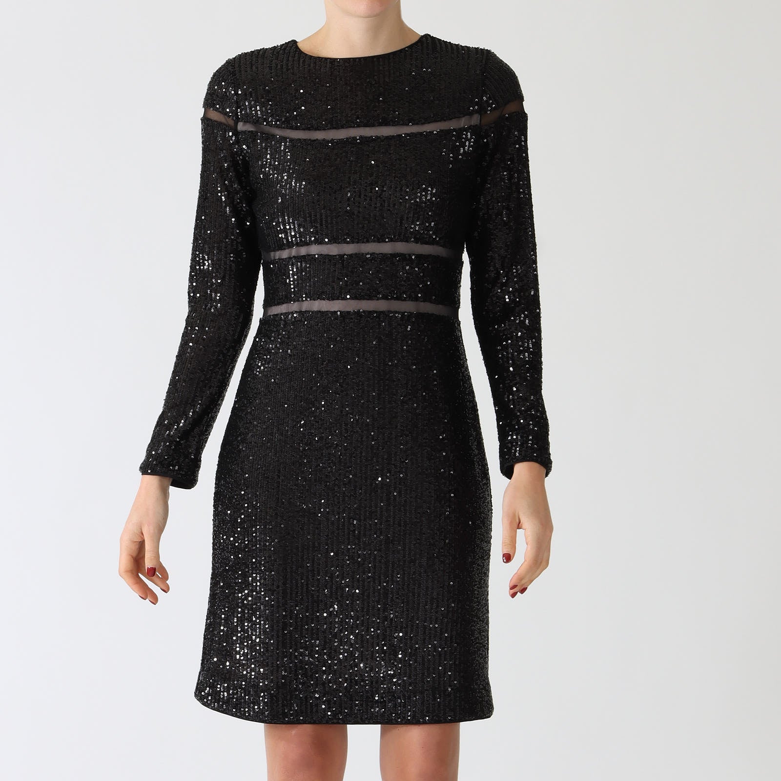 Black Sequin Panelled Knee Length Dress