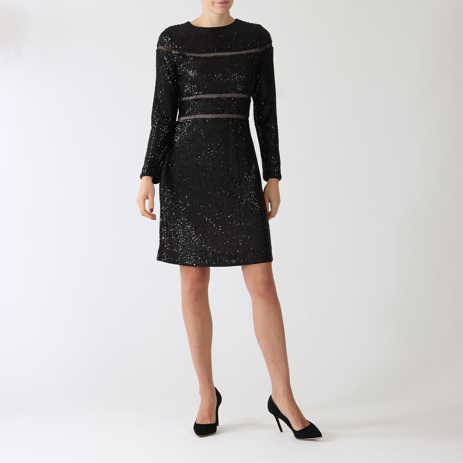 Black Sequin Panelled Knee Length Dress