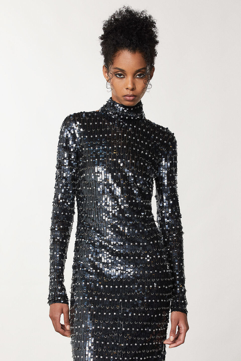 Black & Silver Sequined Midi Dress With Open Back