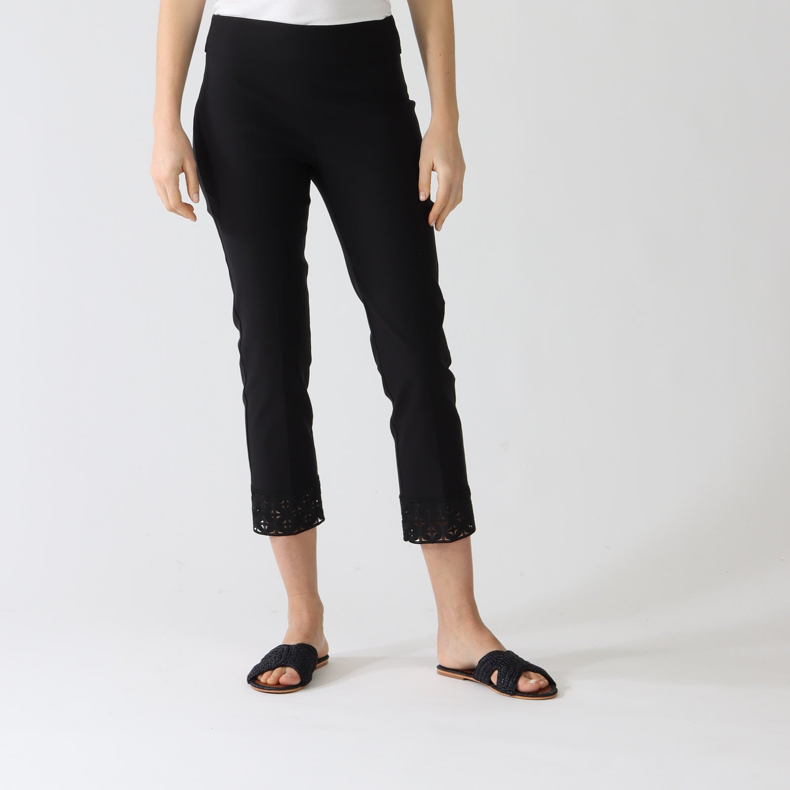 Black Slim Leg Crop Pants With Guipure Hems