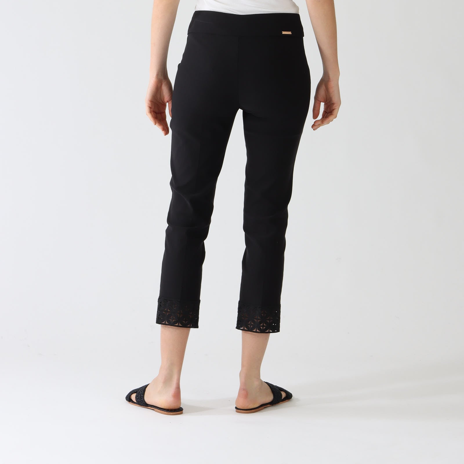 Black Slim Leg Crop Pants With Guipure Hems