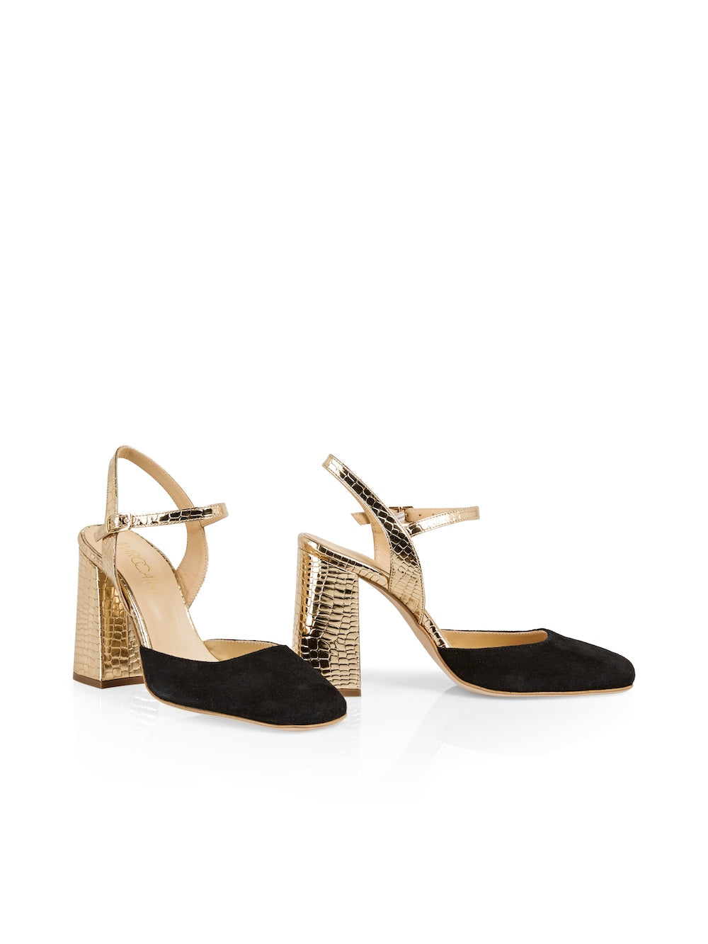 Black and gold block heels hotsell